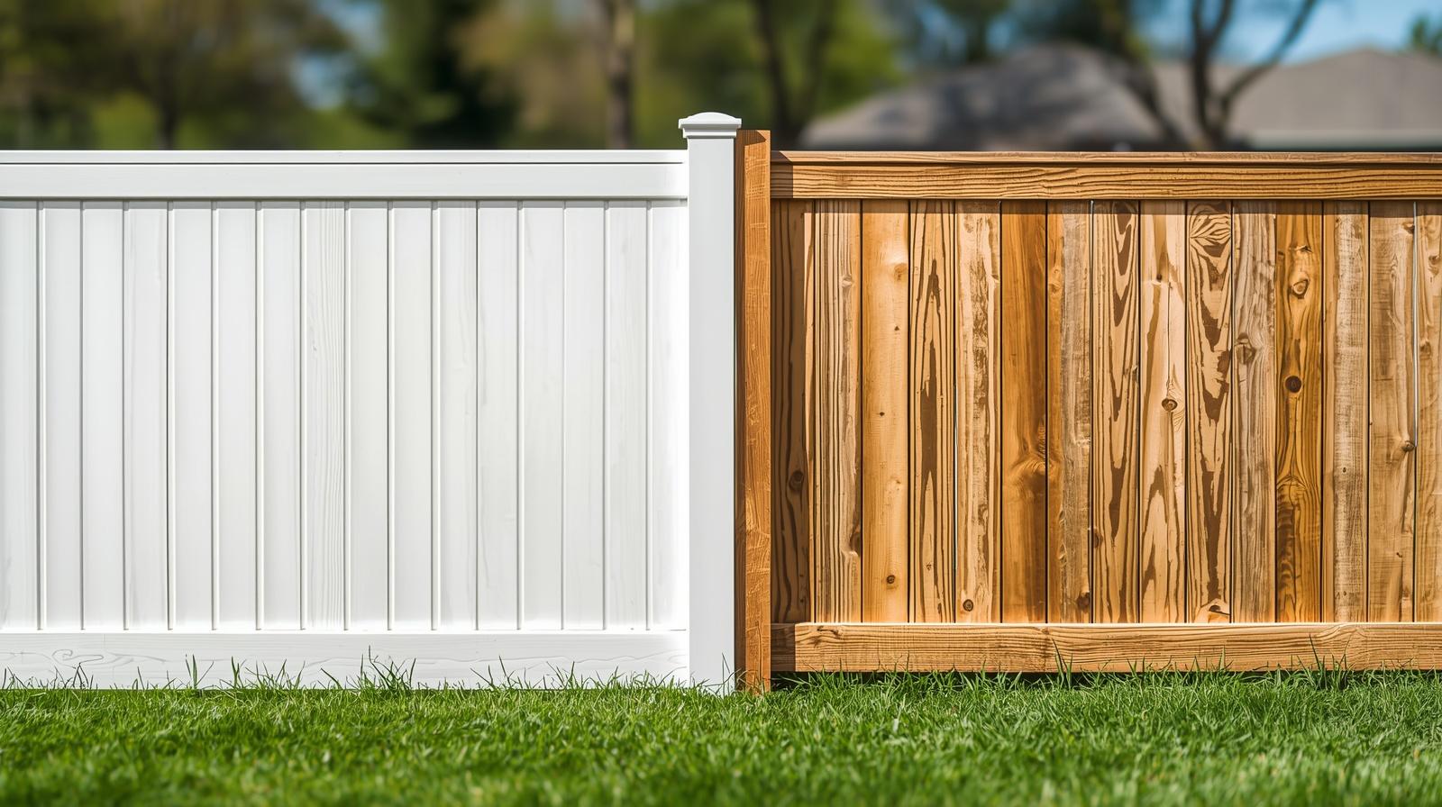 Vinyl and wood fence comparison in residential yard in Freeport IL.