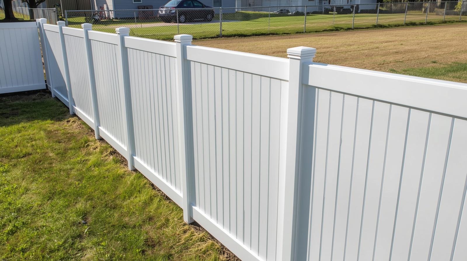 Vinyl fence installed in residential yard in Rockton IL.