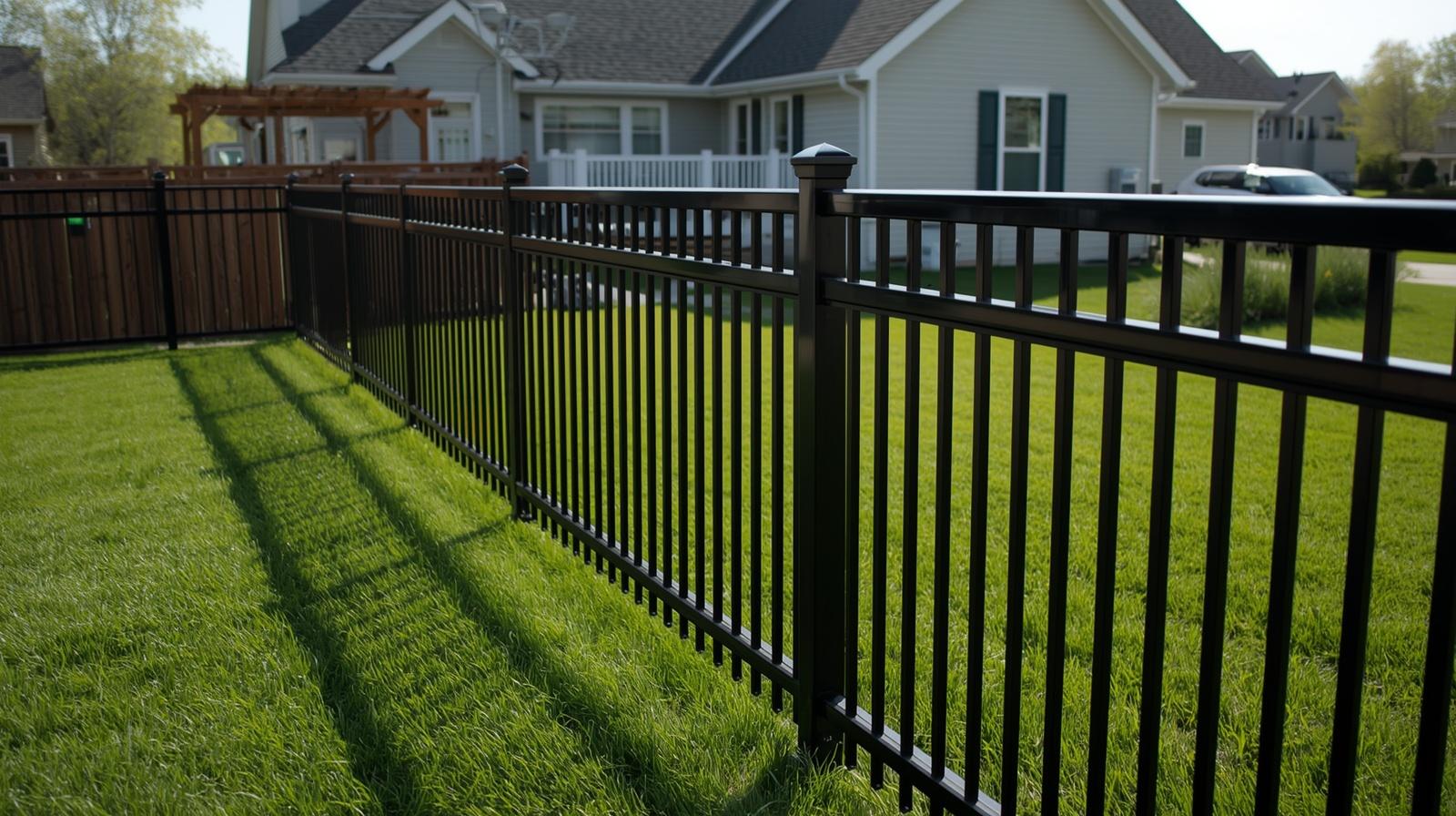 Black aluminum fence installed around residential property in Mount Carroll IL.