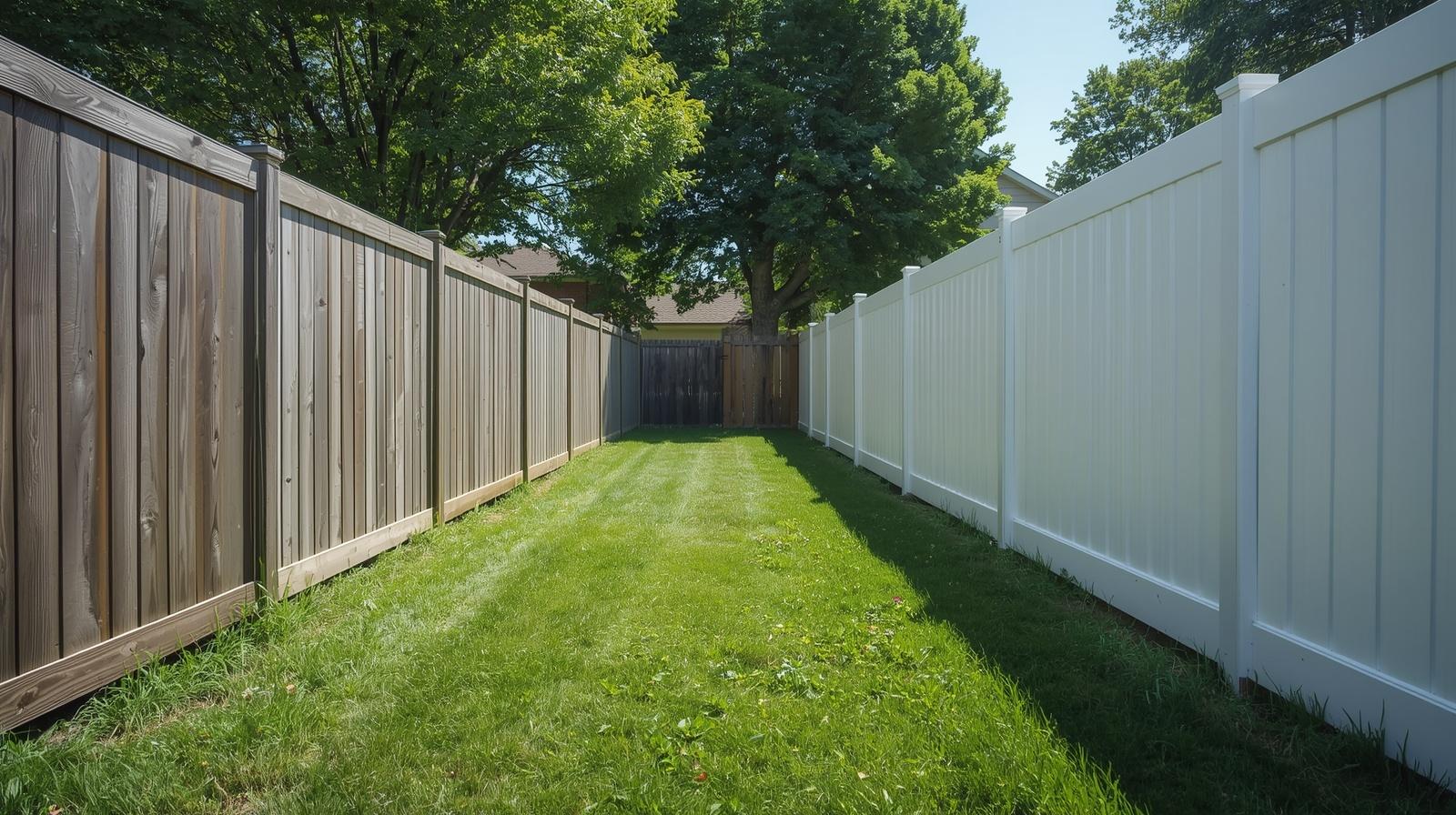 Comparison of wood fence and vinyl fence installed on residential yard in Oregon IL.