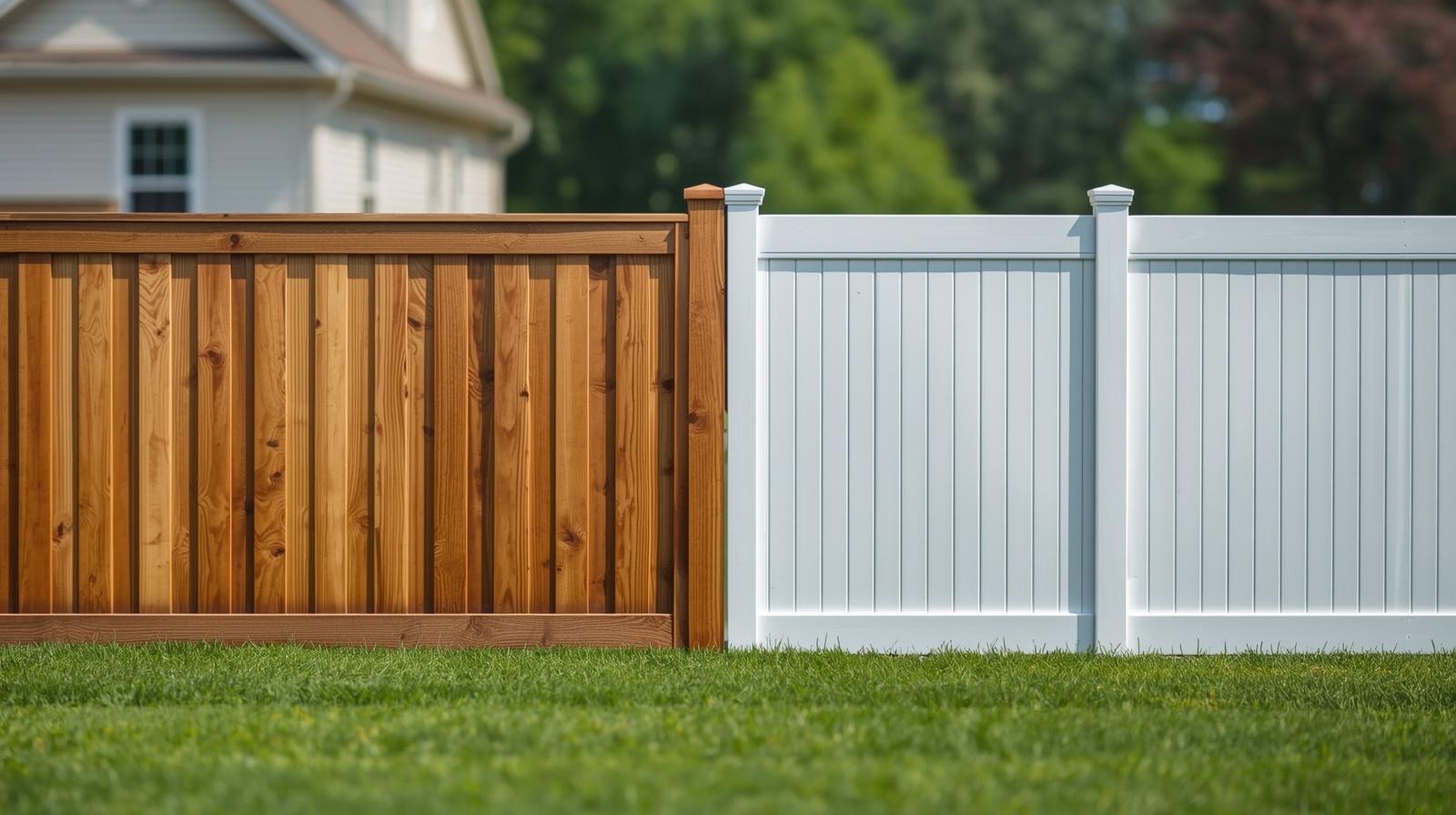 Comparison of wood fence and vinyl fence installed on residential property in Rockford IL.
