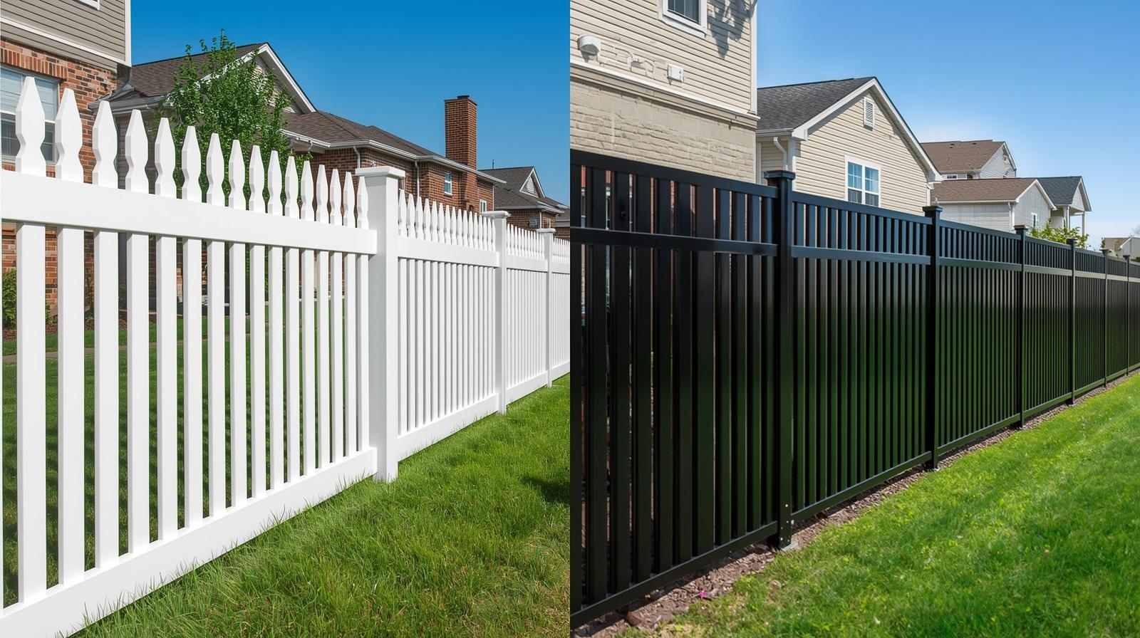 Comparison of vinyl and aluminum fence installation on residential property in Roscoe IL. Comparison of vinyl and aluminum fence installation on residential property in Roscoe IL.