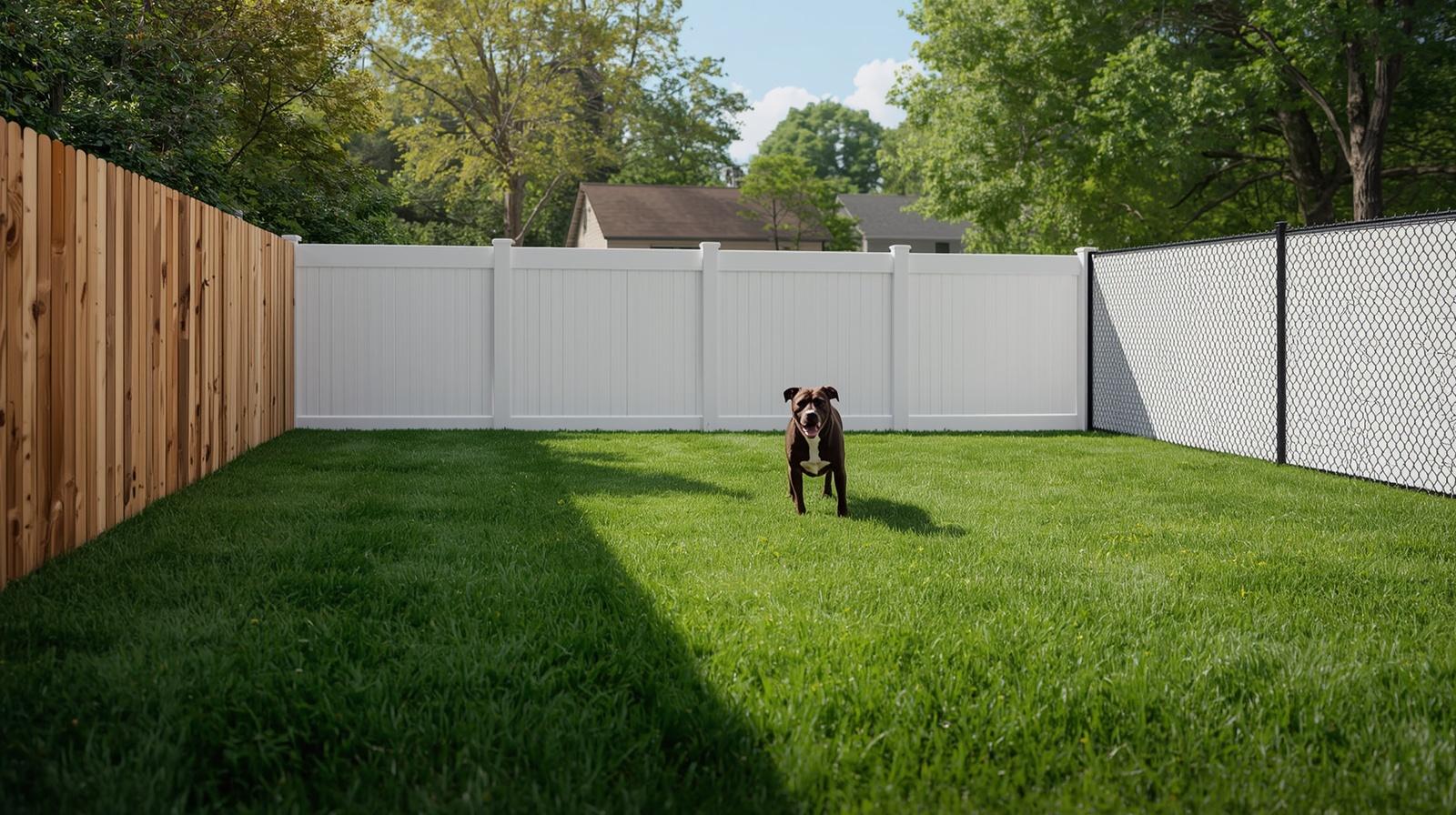 Dog-friendly fence installation around residential yard in Janesville WI.