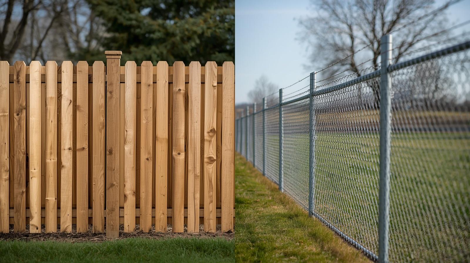 Comparison of wood fence and chain link fence on residential property in Brodhead WI.
