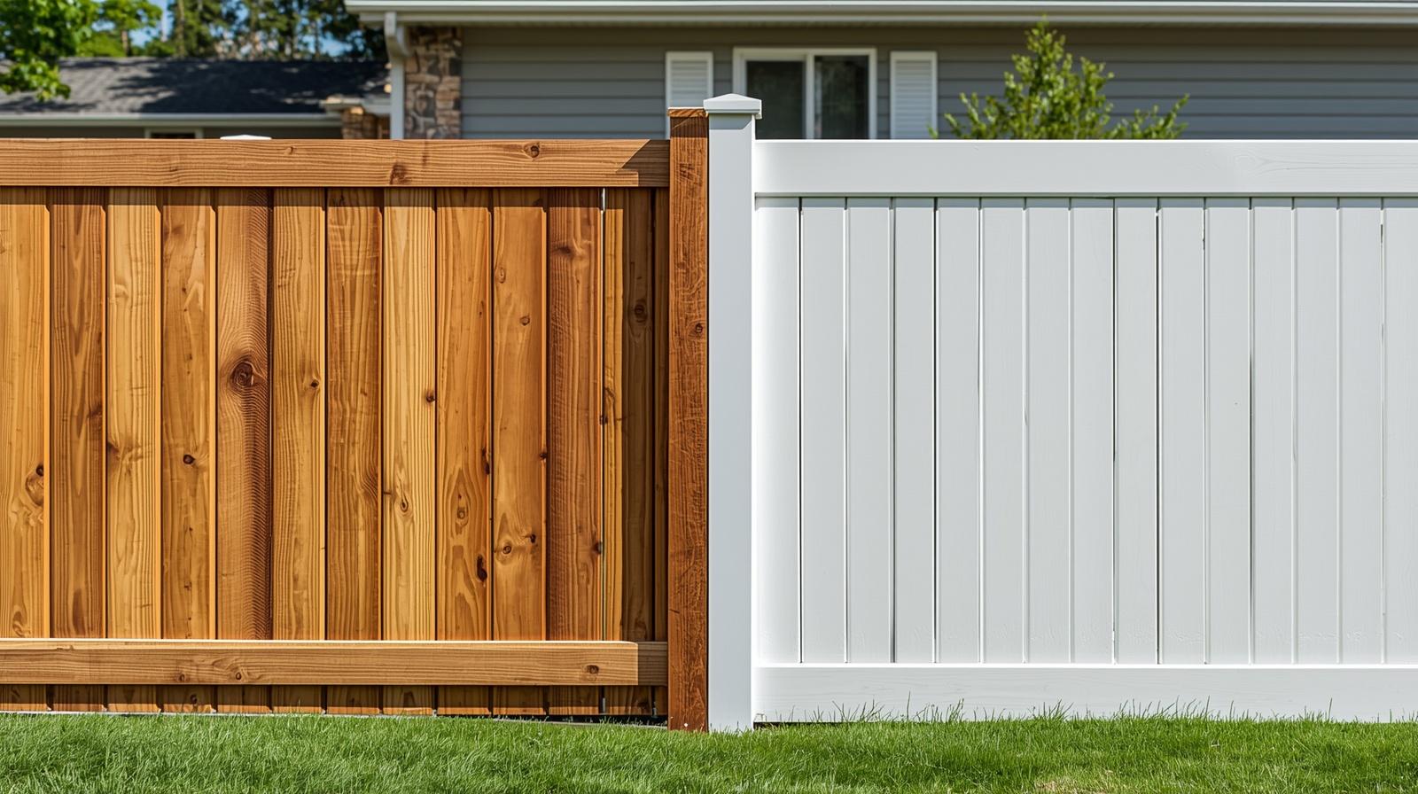 Comparison of wood fence and vinyl fence installed on residential property in Janesville WI.