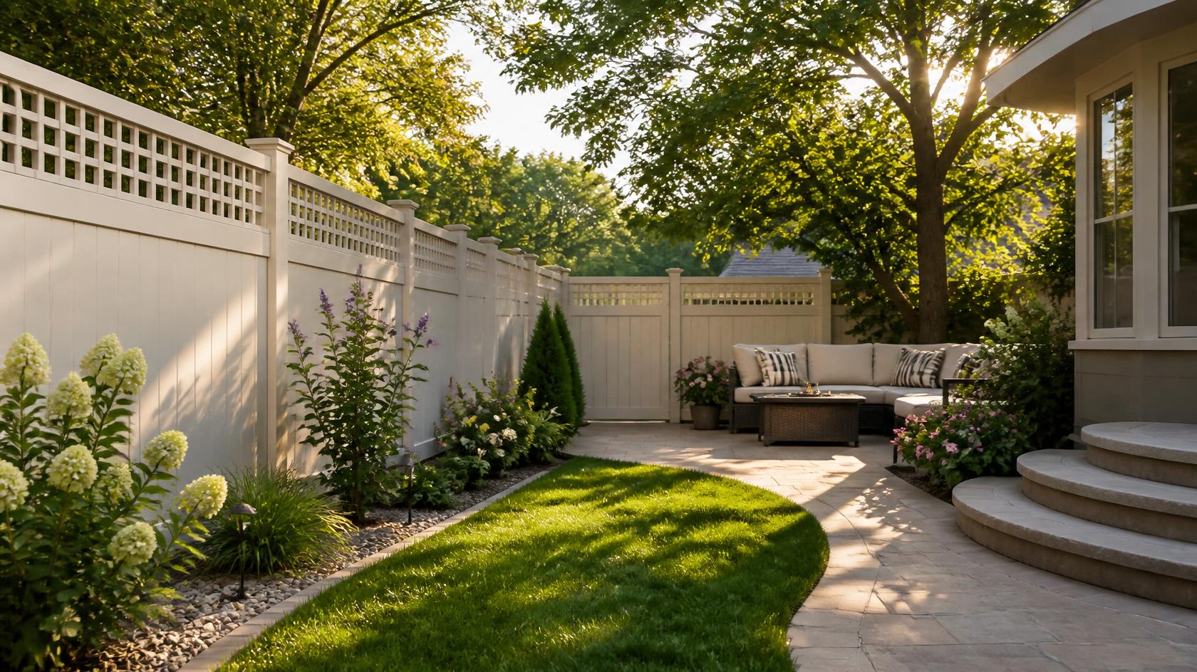 Vinyl privacy fence installed around a residential property in Evansville WI.