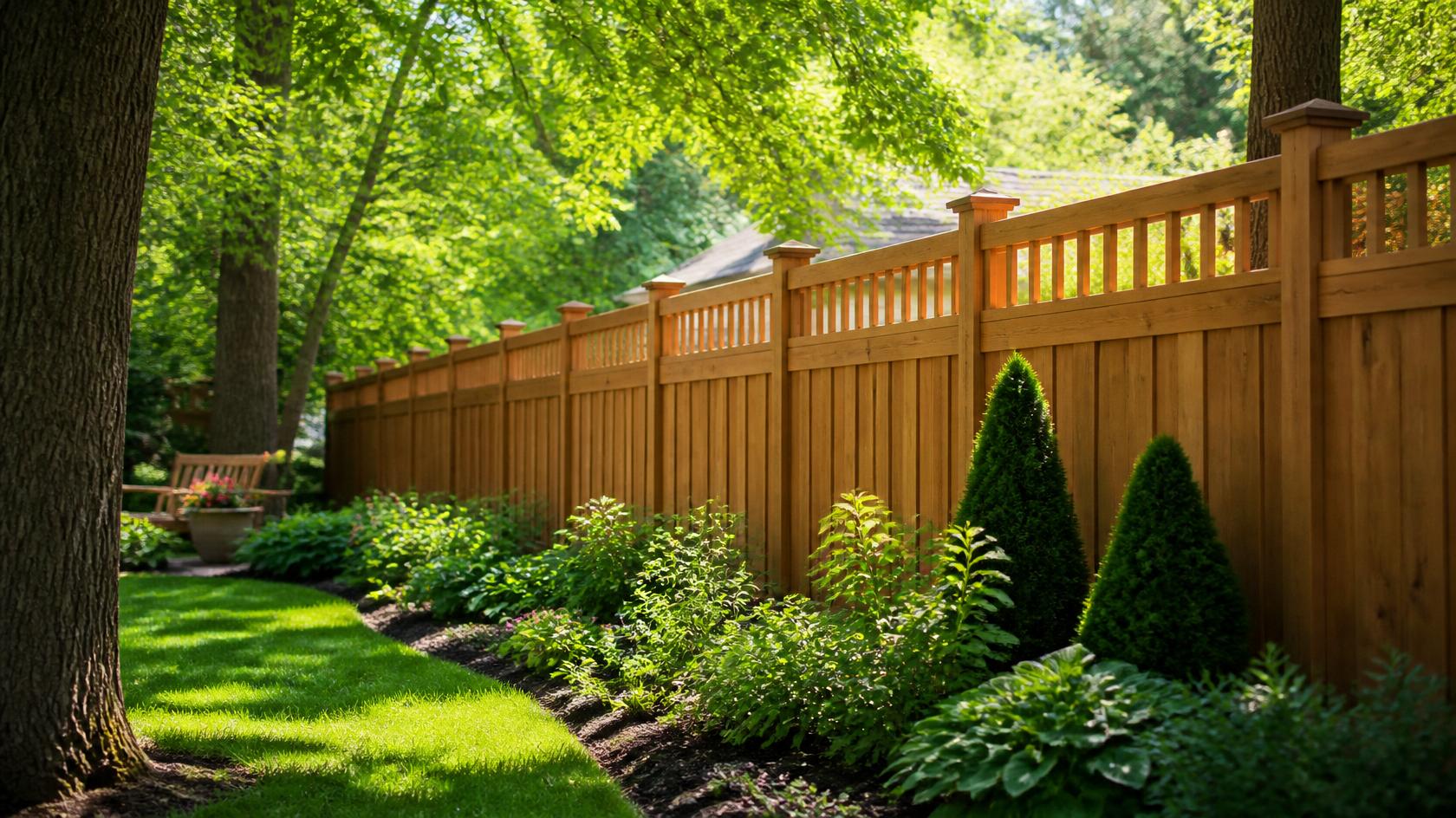 Wood privacy fence surrounding a residential backyard in Loves Park IL. Wood privacy fence surrounding a residential backyard in Loves Park IL.