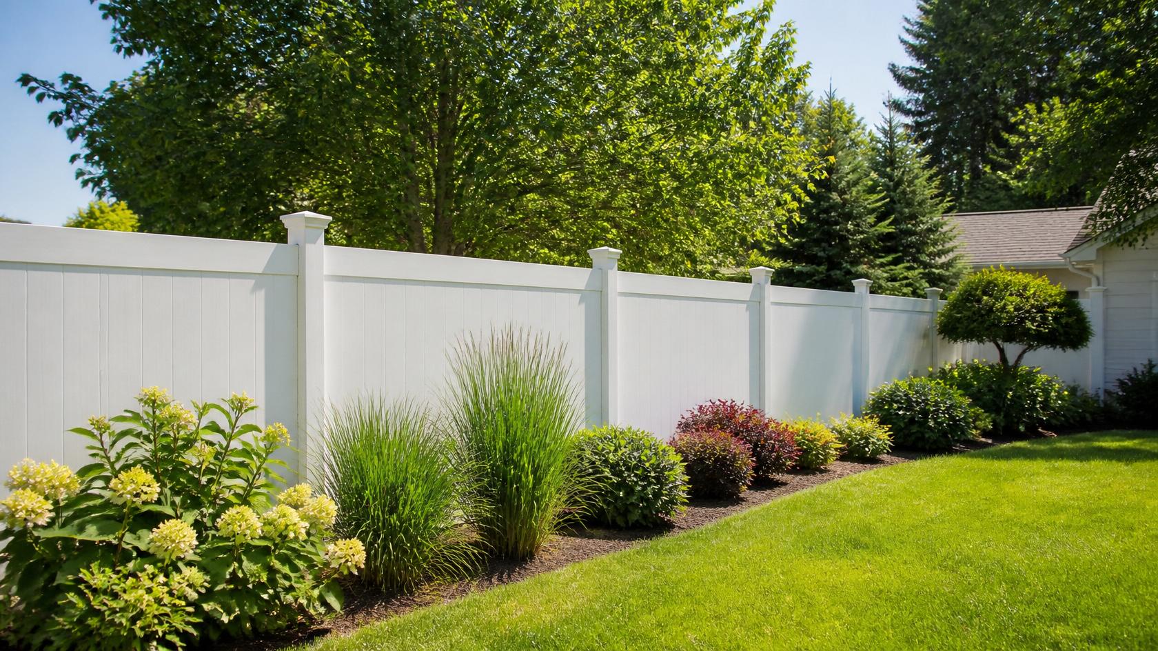 Vinyl fence installed around a low-maintenance residential yard in Janesville WI.