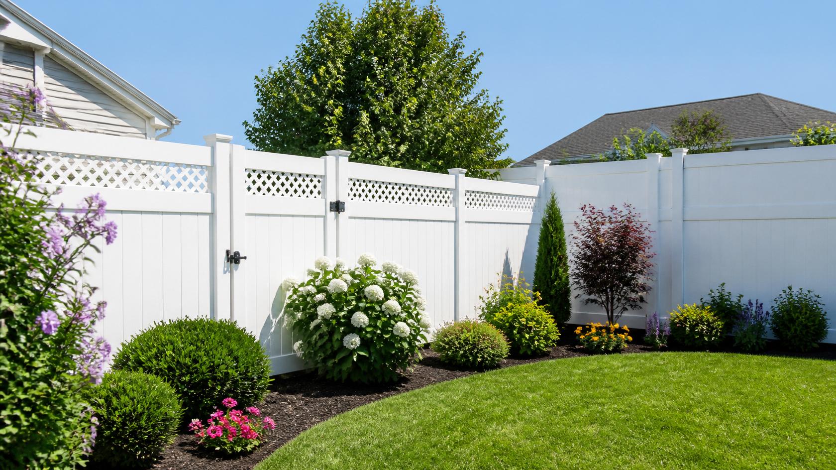 White vinyl fence installed in a Winnebago, IL backyard offering a durable, low-maintenance fencing solution for homeowners.