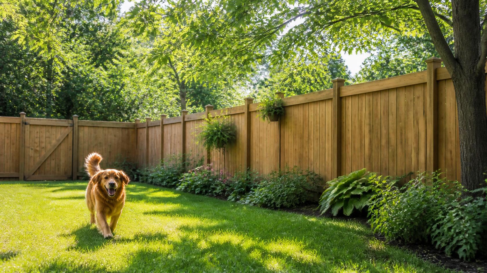 Pet-friendly backyard fence surrounding a family home in Sycamore IL.