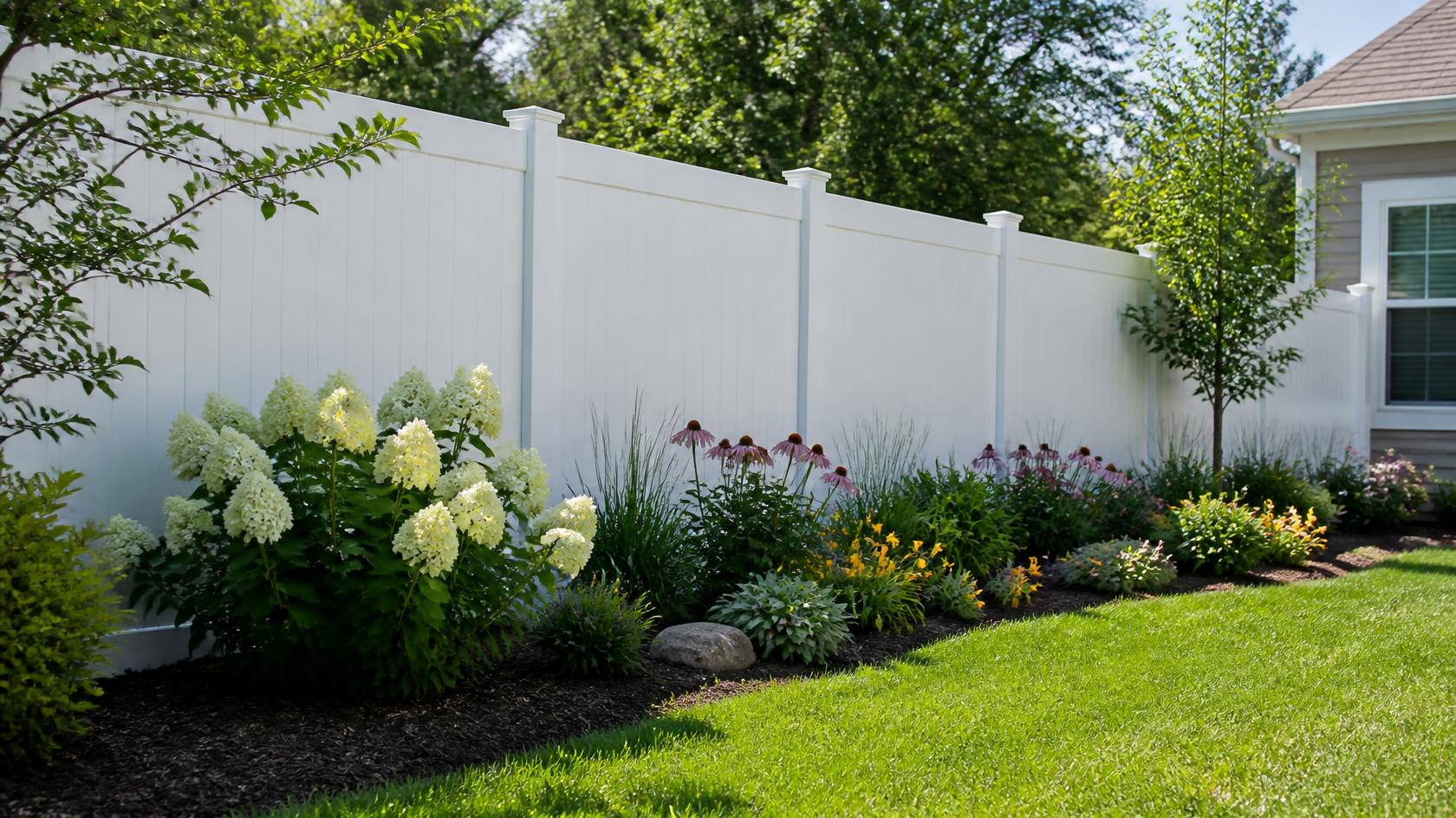 Low-maintenance vinyl fence installed around a home in Genoa IL.