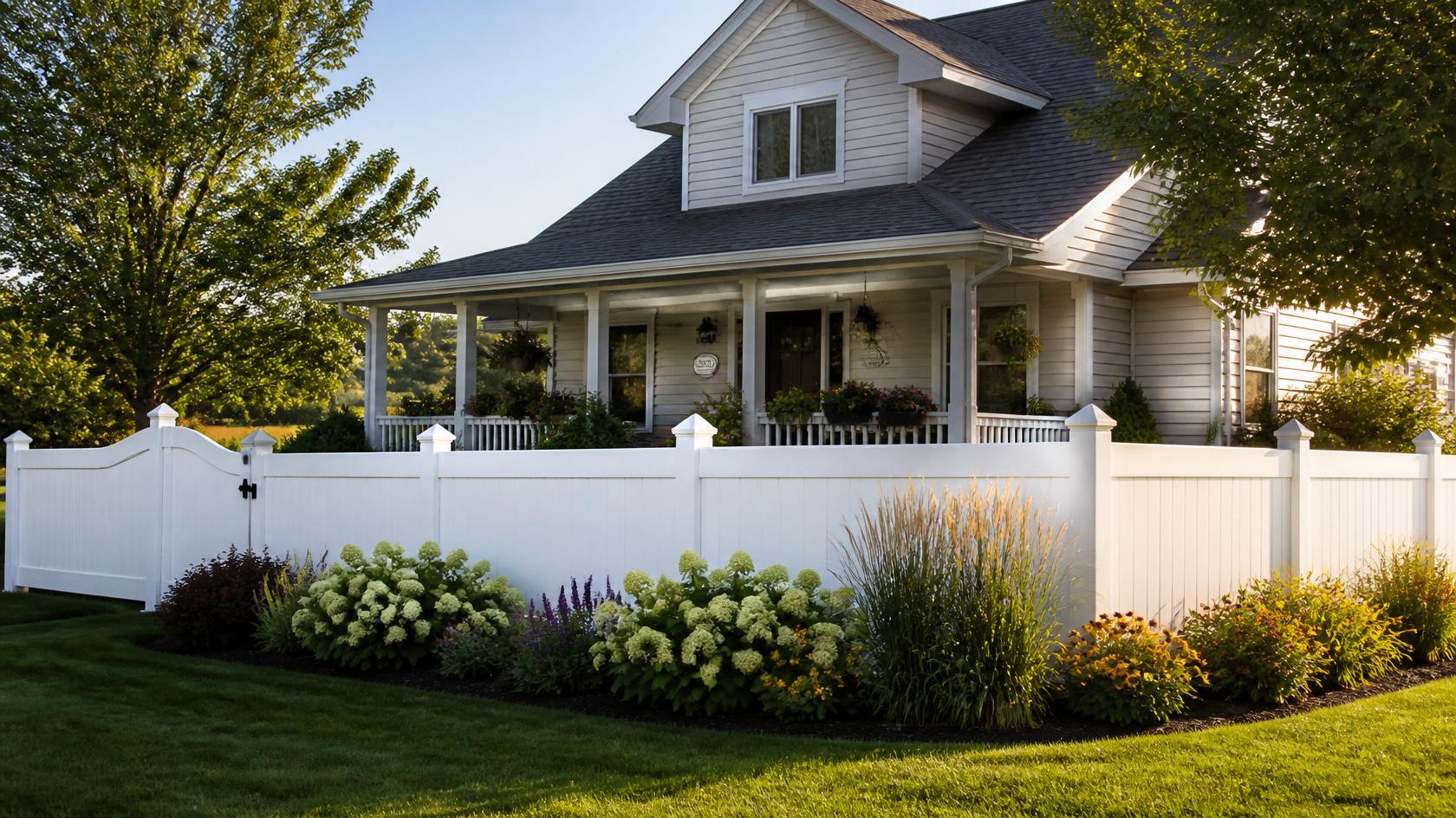 White vinyl fence installed around a low-maintenance backyard in Turtle, WI.