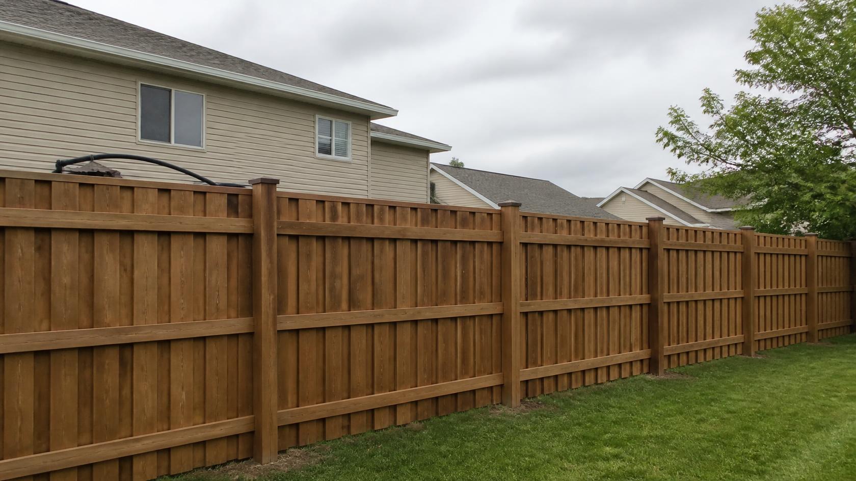 Wood privacy fence surrounding a residential yard in Milton, WI for privacy and attractive yard design.