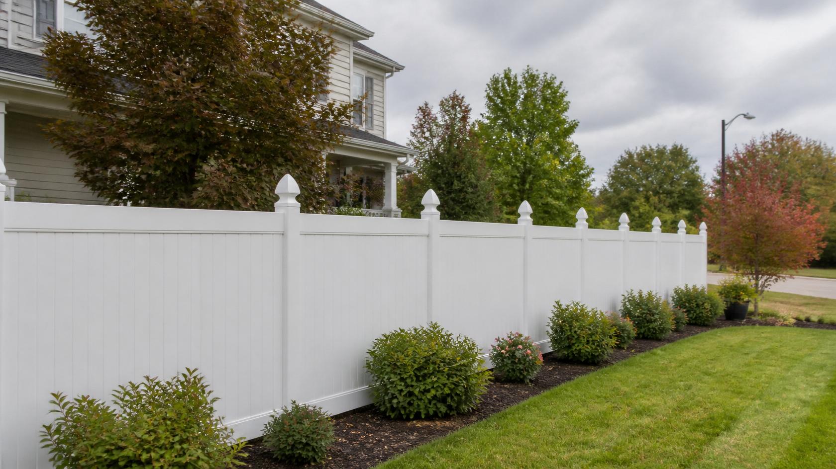 Low-maintenance vinyl privacy fence surrounding a residential property in Evansville, WI.
