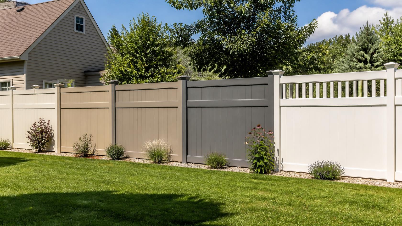 Low-maintenance vinyl fence surrounding a residential yard in Newark, WI.