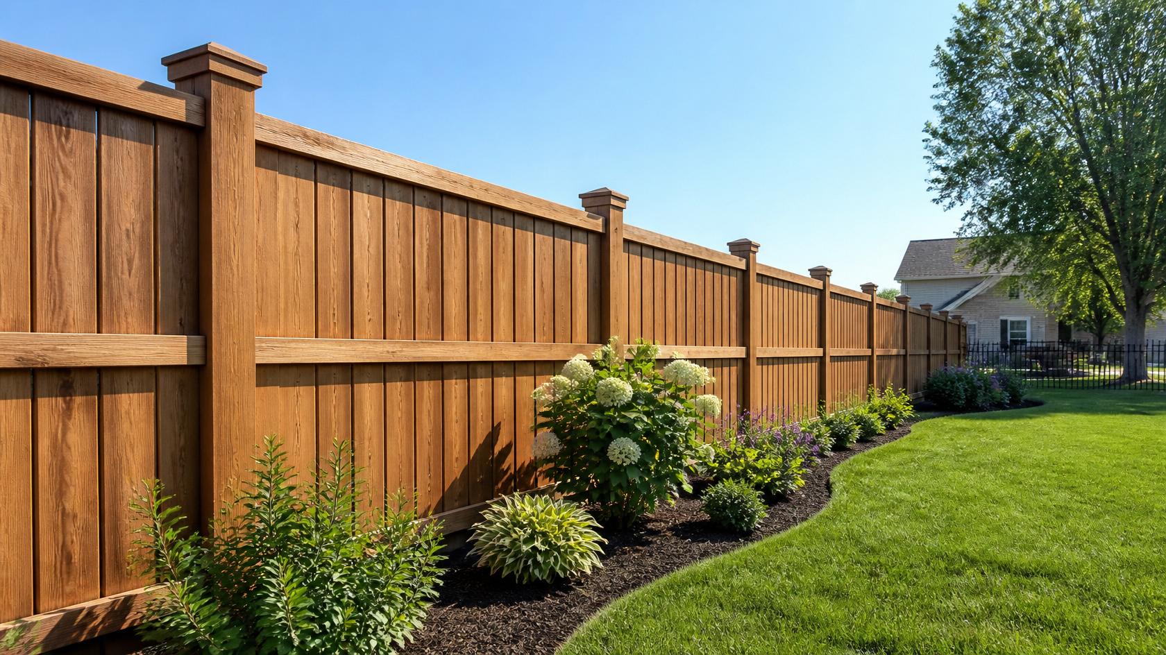 Wood fencing in Footville, WI providing backyard privacy while complementing a home's natural surroundings.