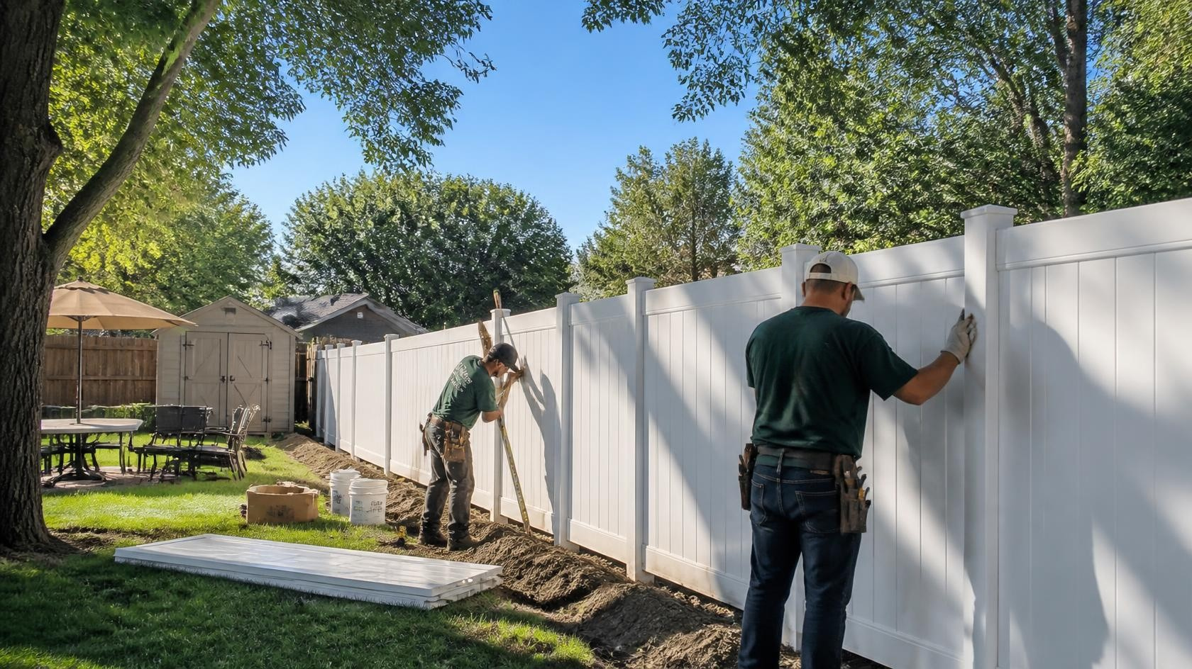 Vinyl fence installation at a residential property in Belvidere, IL offering a clean appearance and low-maintenance yard boundary.