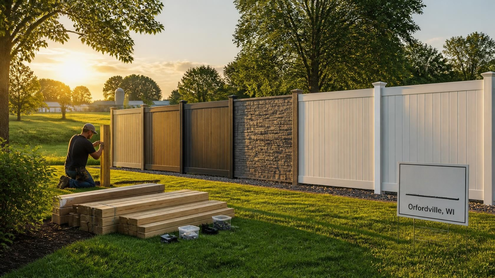 Privacy fence installation at a home in Orfordville, WI with different material options for creating a private outdoor space.