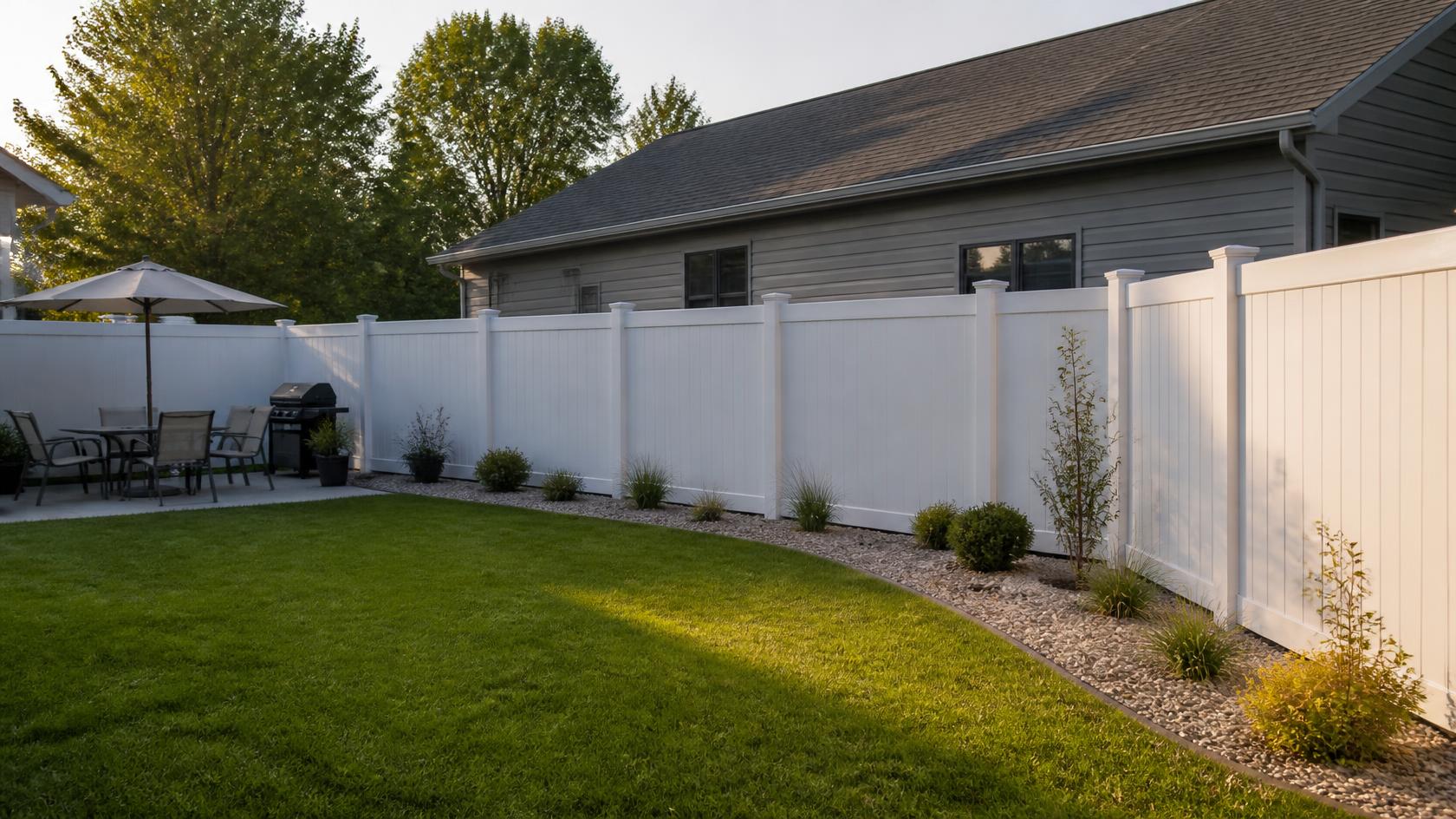 Vinyl fencing around a home in Byron, IL providing a clean appearance and low-maintenance boundary for outdoor living.