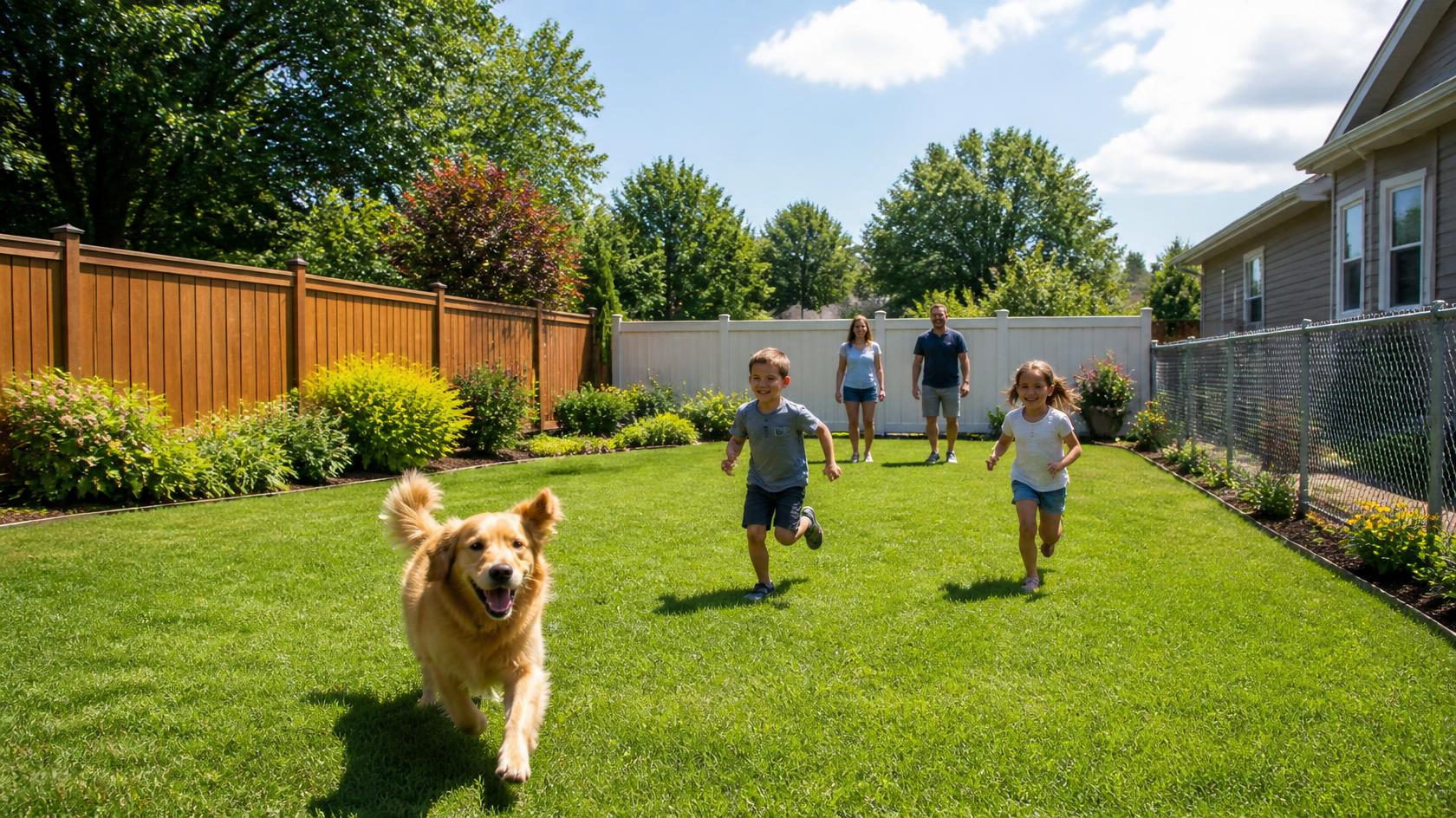Pet-friendly fencing around a yard in Davis Junction, IL creating a secure outdoor space for dogs and other pets.