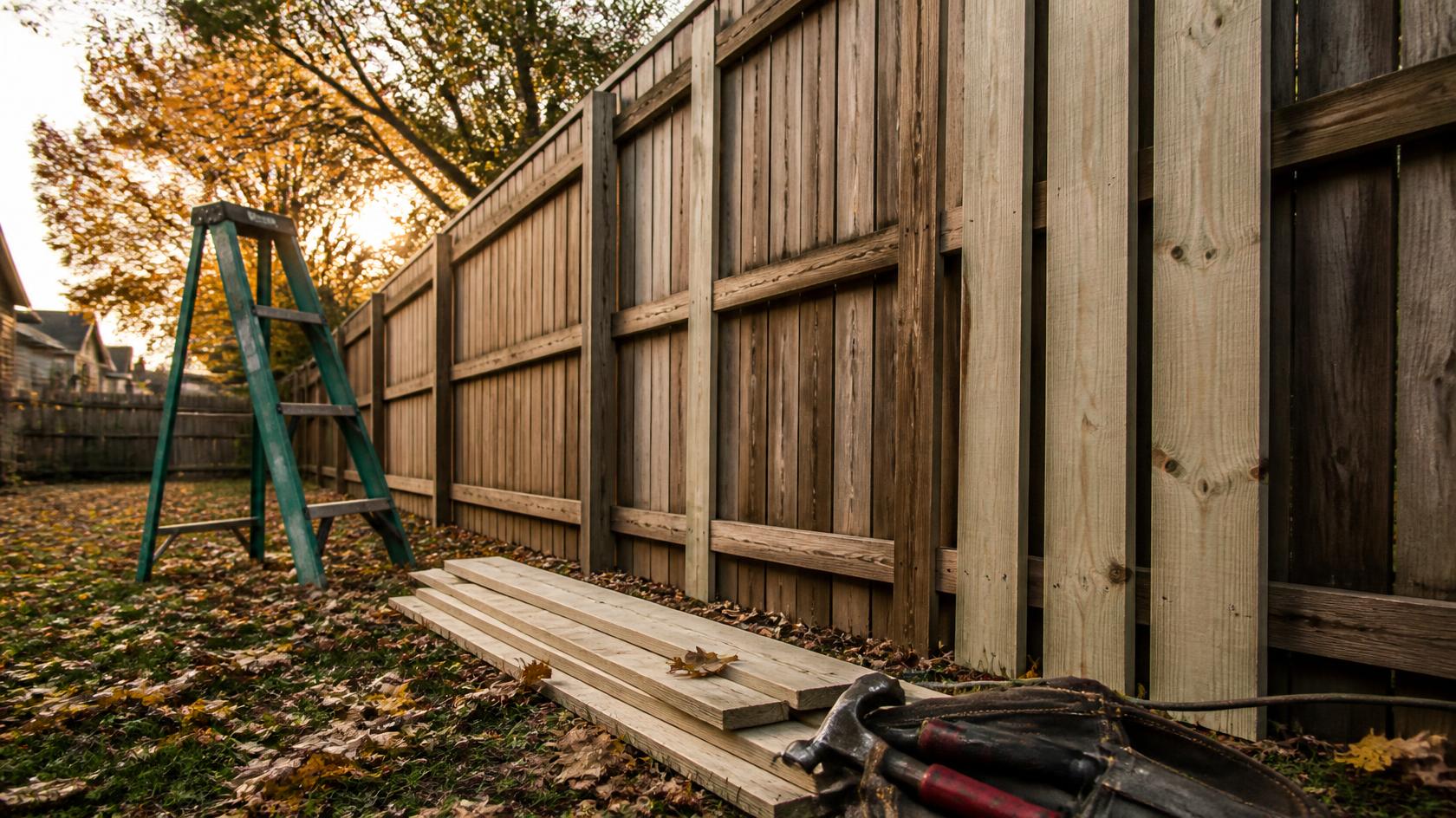 Residential fence in Rockford, IL being checked before winter for damaged posts, panels, gates, and weather-related wear.