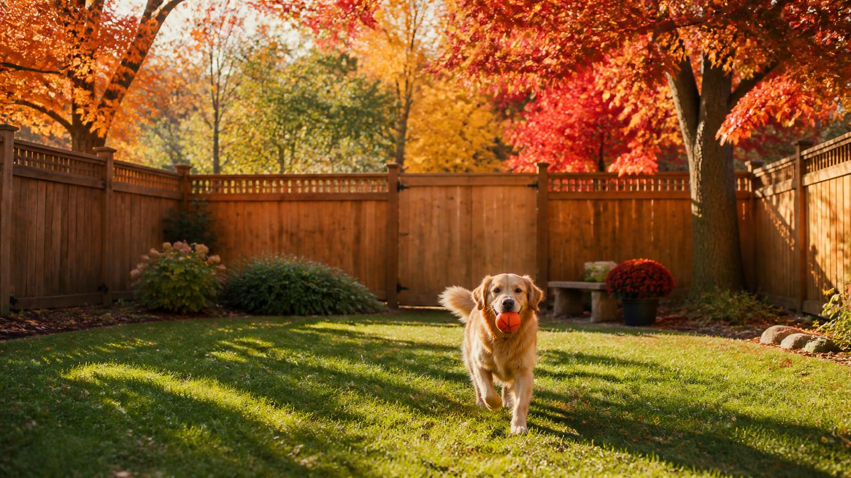 Dog-friendly backyard fencing in Rockford, IL providing a secure outdoor area for pets during the fall season.