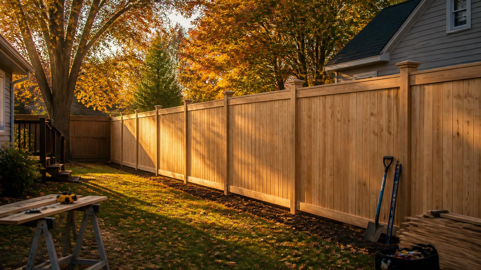 Residential fence installation in Loves Park, IL with homeowners reviewing materials, labor, layout, and other factors that affect project cost. Residential fence installation in Loves Park, IL with homeowners reviewing materials, labor, layout, and other factors that affect project cost.