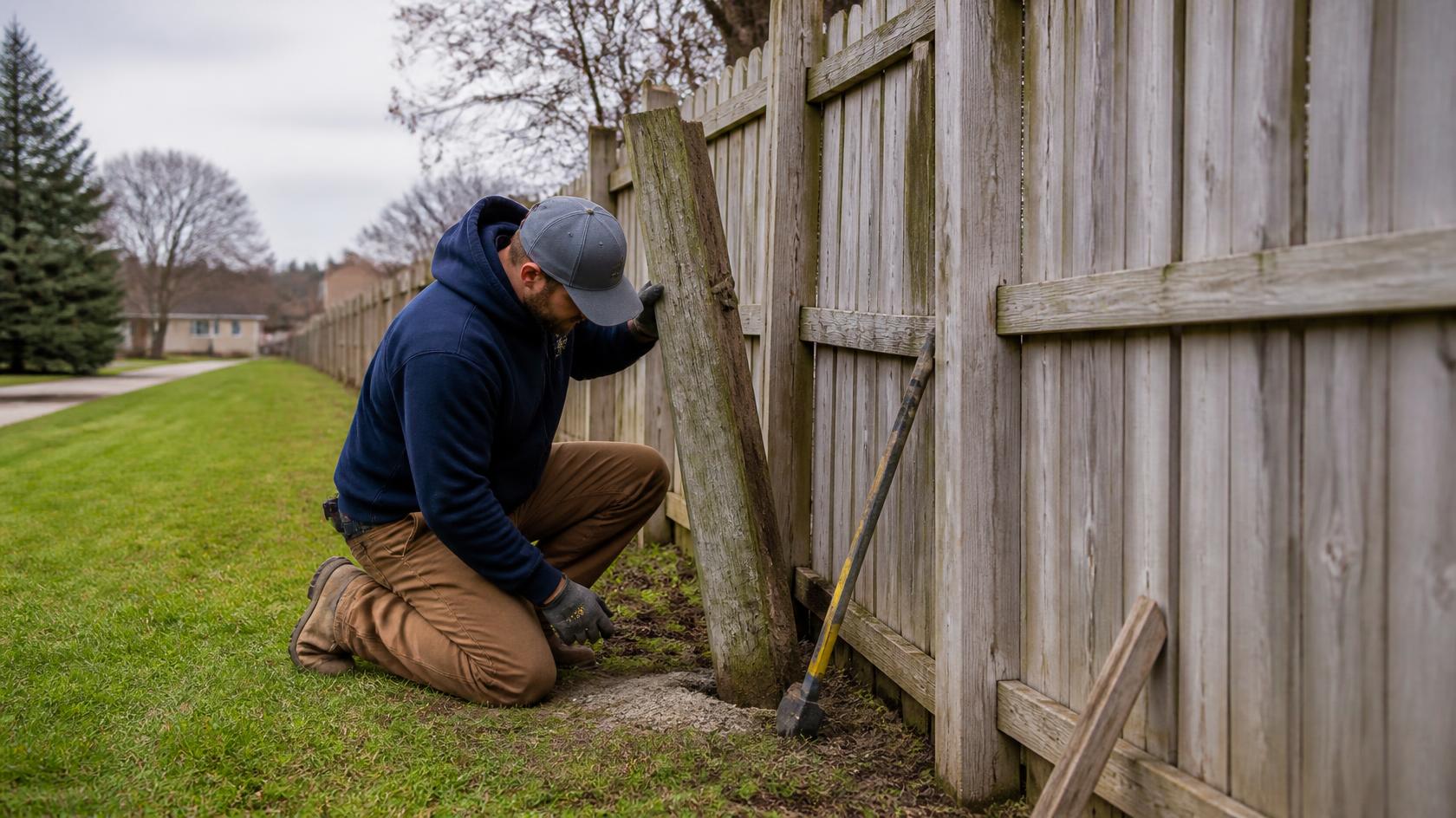 Leaning fence post in Machesney Park, IL being repaired to stabilize the fence before winter weather and freeze-thaw conditions.