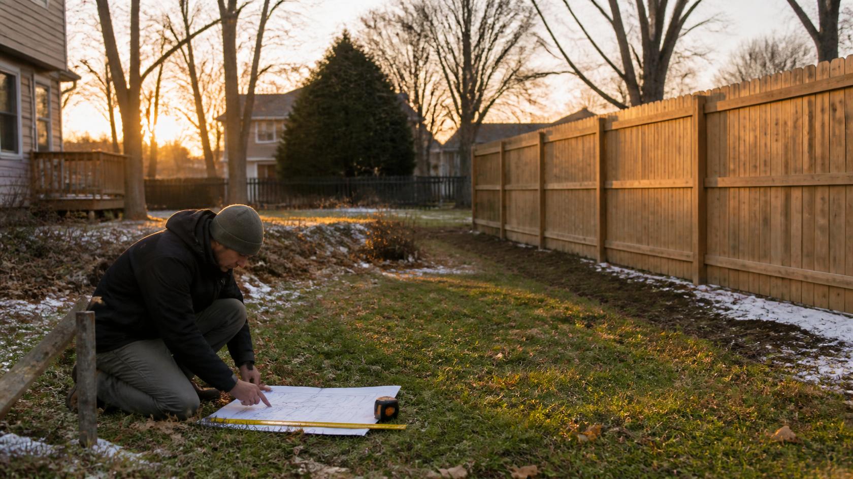 Backyard fence planning in Rockton, IL with homeowners reviewing layout, materials, gates, and property needs before winter. Backyard fence planning in Rockton, IL with homeowners reviewing layout, materials, gates, and property needs before winter.