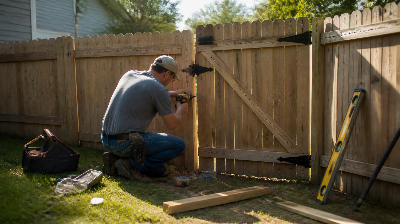 Fence gate in Rockton, IL being repaired for sagging, misalignment, and hardware issues affecting proper operation. Fence gate in Rockton, IL being repaired for sagging, misalignment, and hardware issues affecting proper operation.