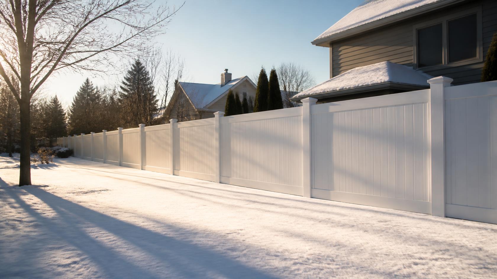 Vinyl fence in Byron, IL being inspected for damage, hardware, cleaning, and maintenance needs before freezing temperatures.