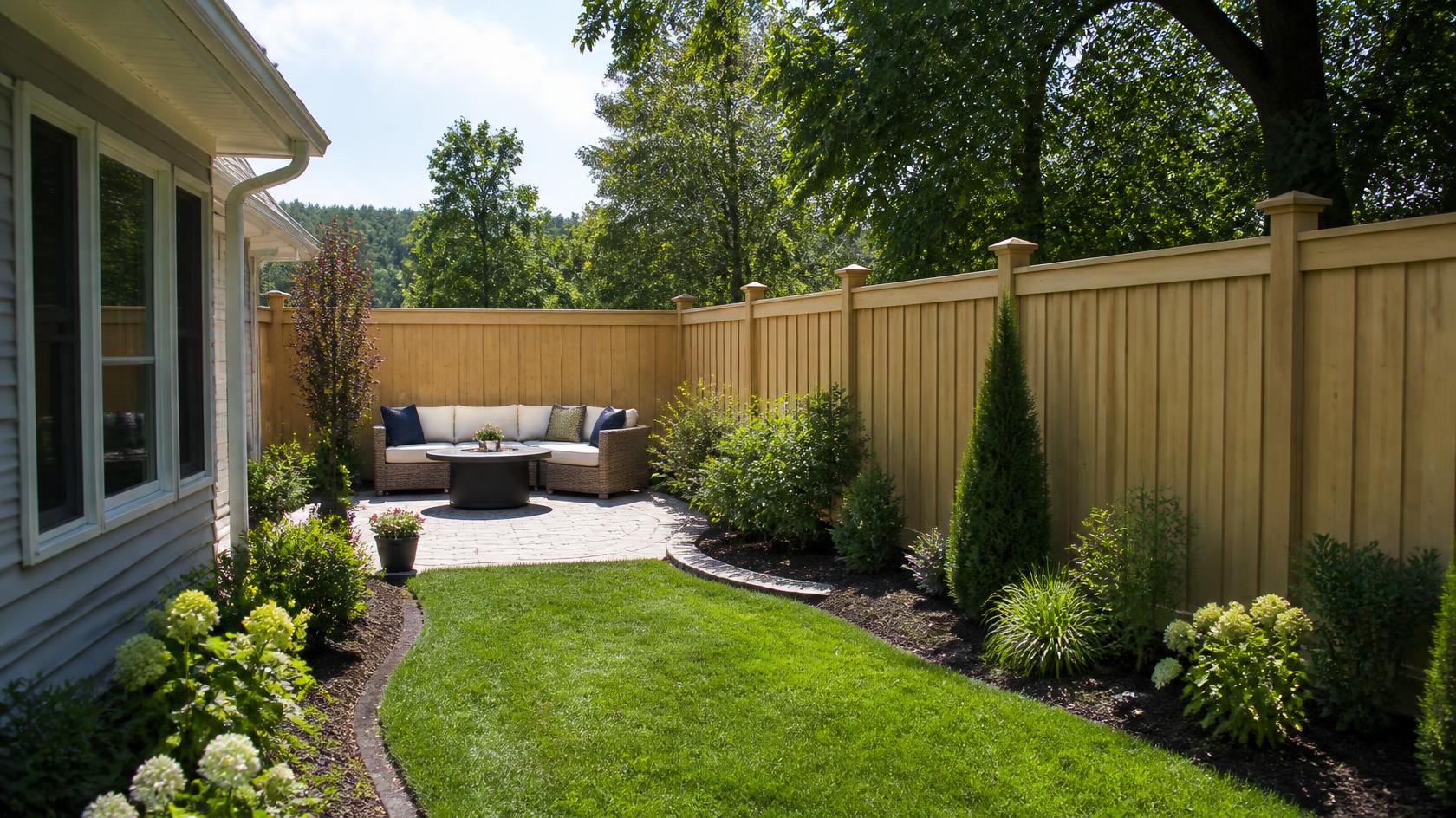 Privacy fencing around a small backyard in Lake Carroll, IL providing defined boundaries without making the outdoor space feel crowded.