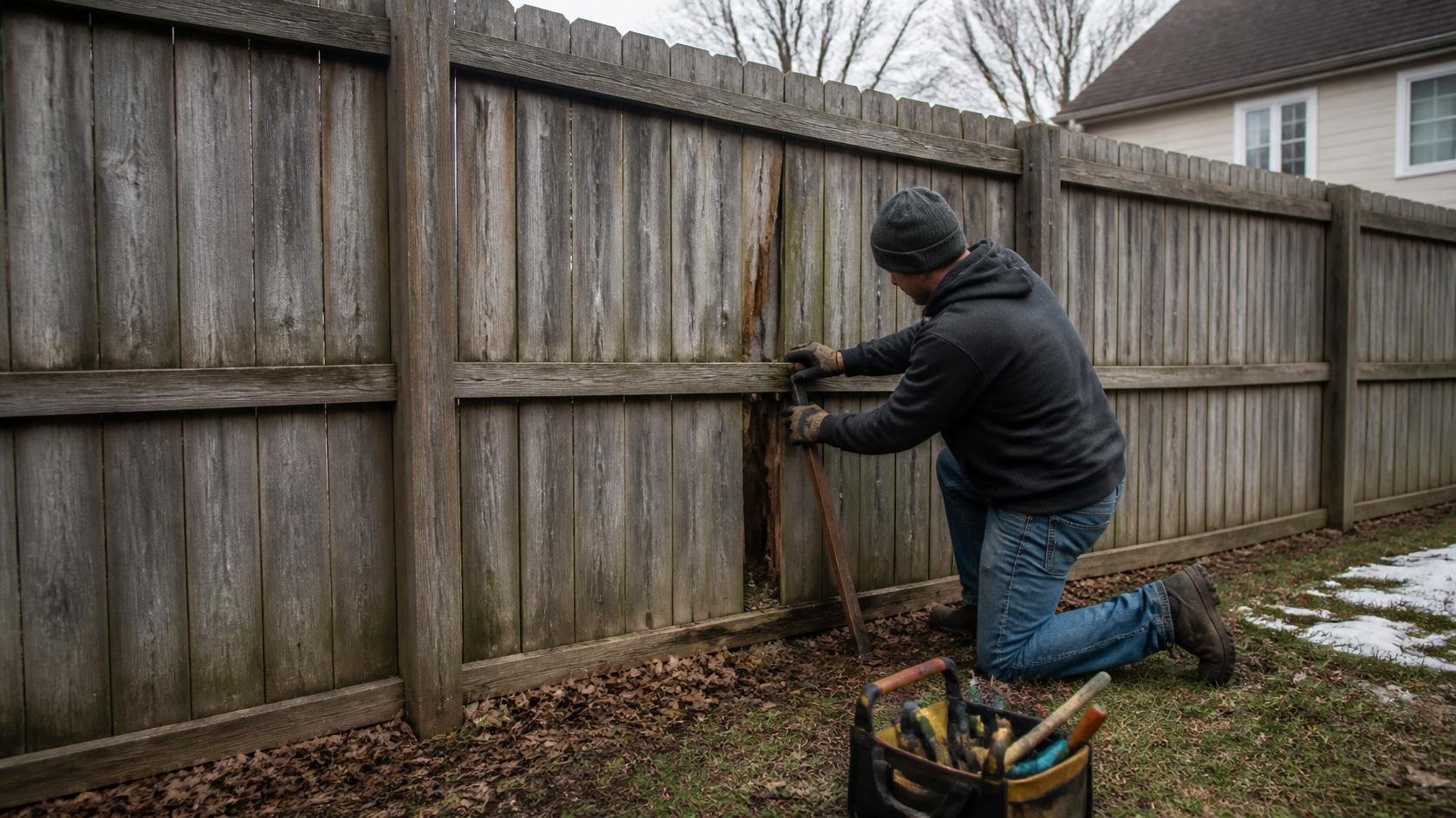 Wood fence in Lake Carroll, IL being inspected for damaged boards, posts, rails, and other problems before winter weather.