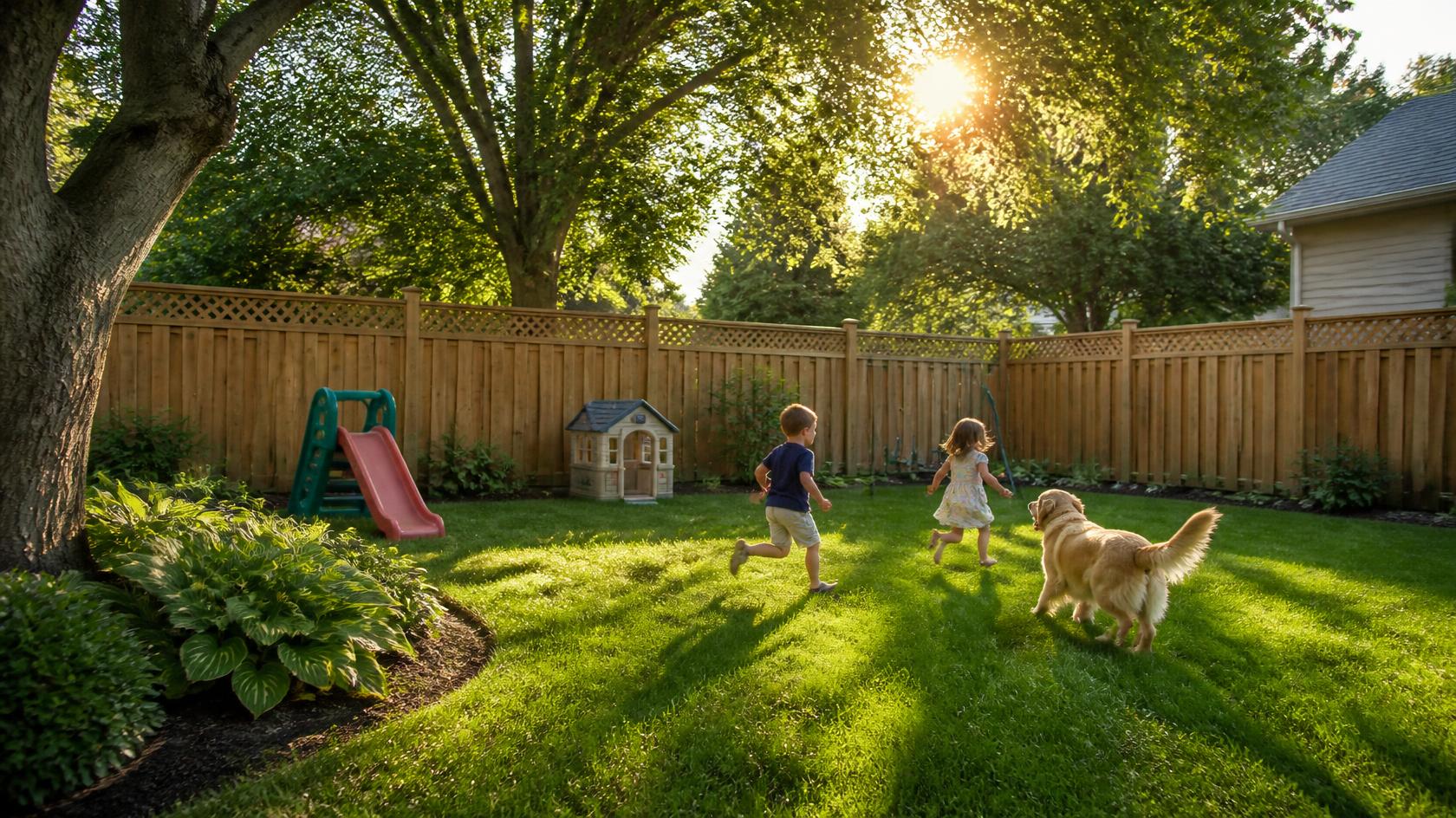Backyard fencing in Galena, IL creating a secure outdoor space for children and pets with safe height, gates, and enclosed areas.