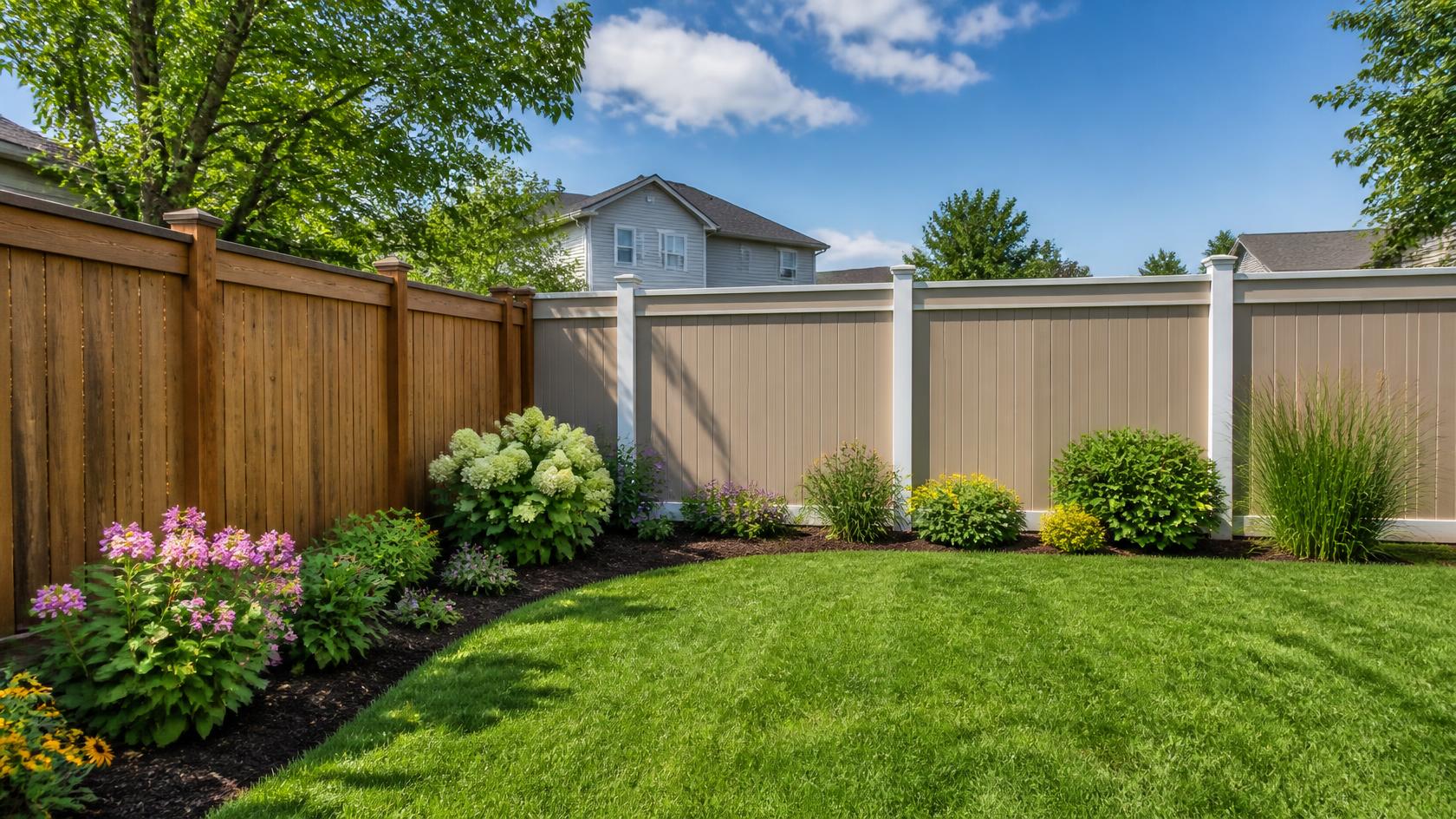 Privacy fence installation in Dixon, IL with homeowners comparing wood and vinyl materials for appearance, privacy, and maintenance needs.