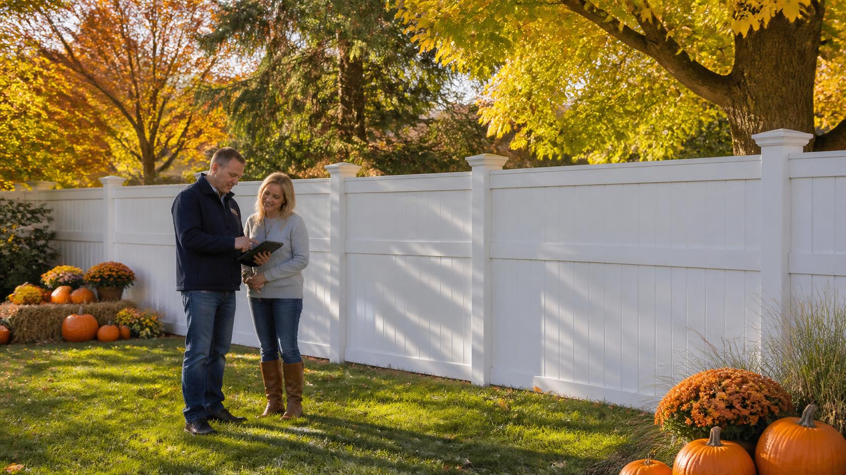 Vinyl fence installation in Huntley, IL with homeowners reviewing yard layout, material options, gate placement, and fall project scheduling.