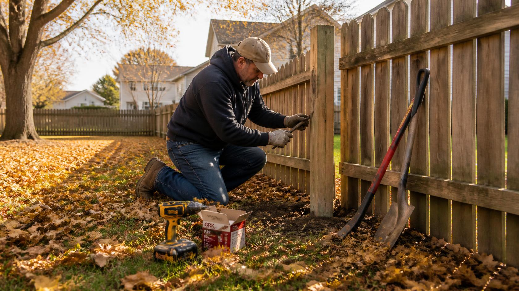 Fence post in Huntley, IL being repaired to address leaning, instability, or damage before winter weather and freeze-thaw conditions. Fence post in Huntley, IL being repaired to address leaning, instability, or damage before winter weather and freeze-thaw conditions.