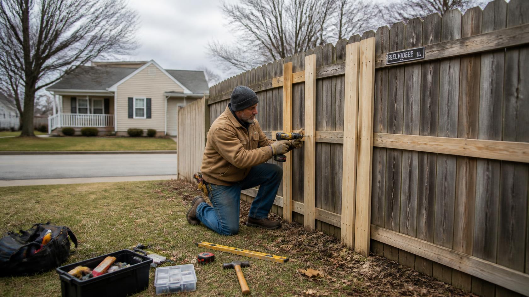 Residential fence in Belvidere, IL being inspected for loose boards, damaged posts, unstable panels, and gate problems before winter. Residential fence in Belvidere, IL being inspected for loose boards, damaged posts, unstable panels, and gate problems before winter.