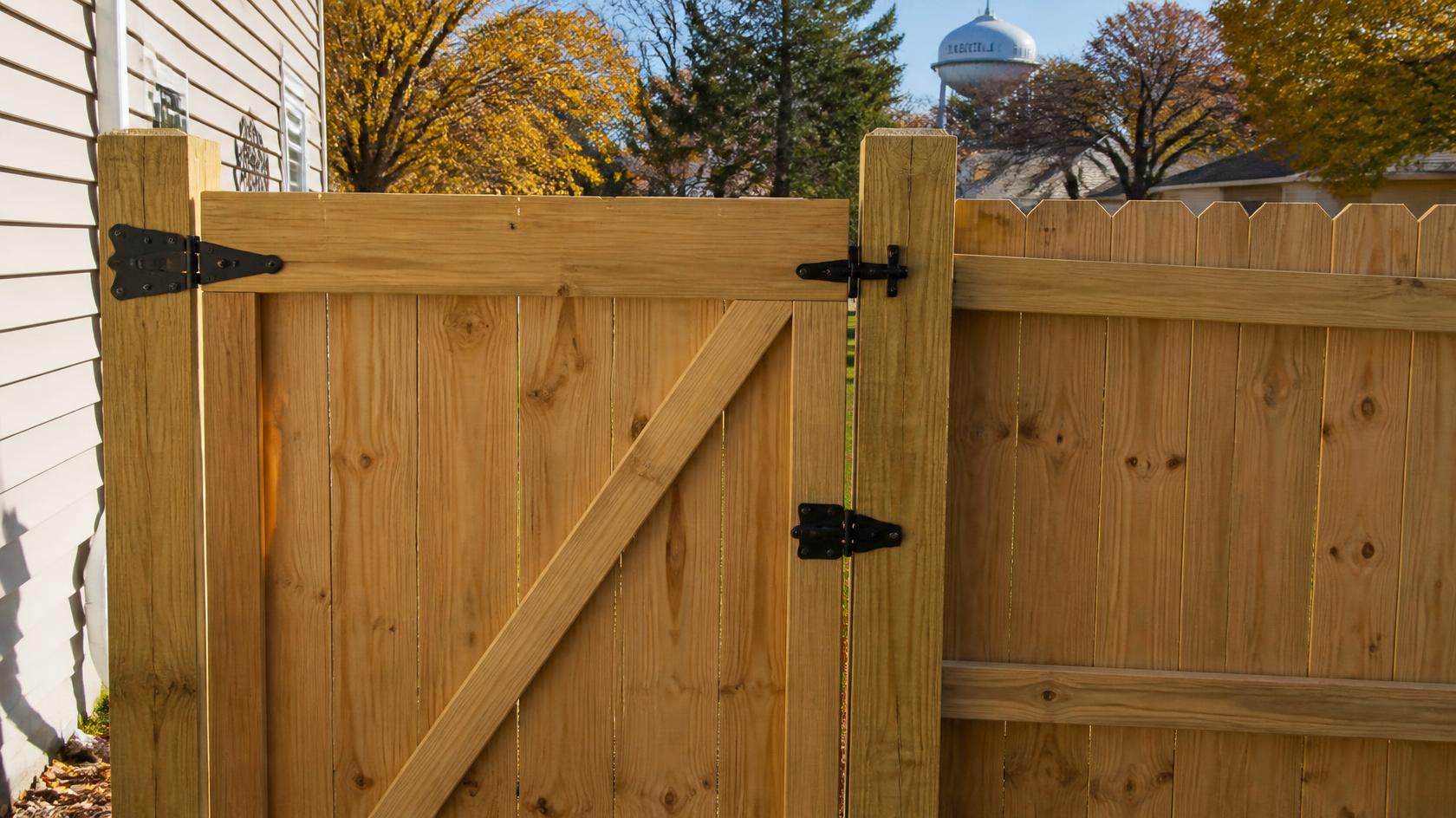Fence contractor adjusting gate hinges, latch hardware, and alignment at a residential property in Rochelle, IL before winter weather.