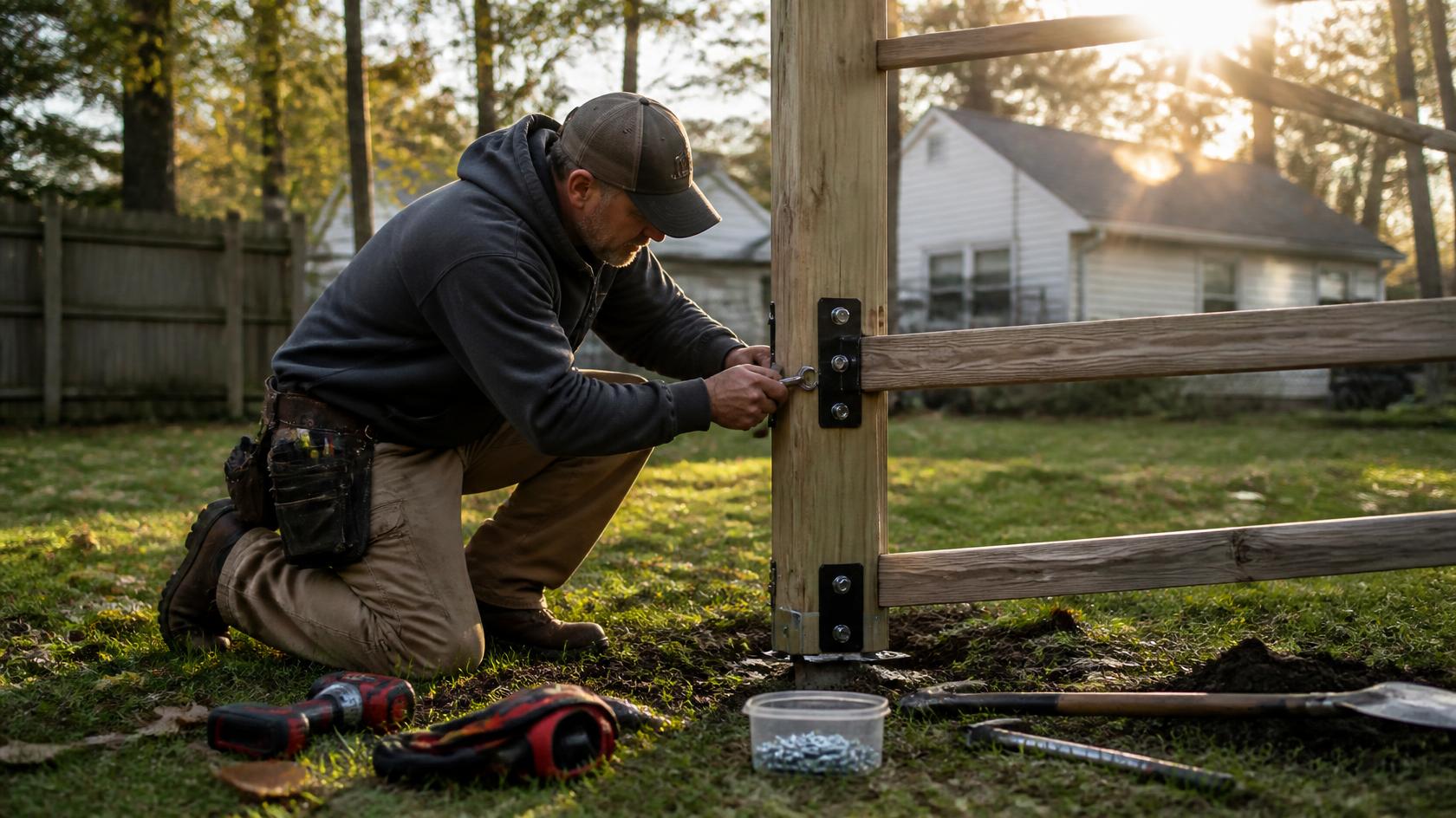Fence professional repairing a loose, leaning fence post at a home in Genoa, IL to improve stability before winter freeze-thaw cycles.