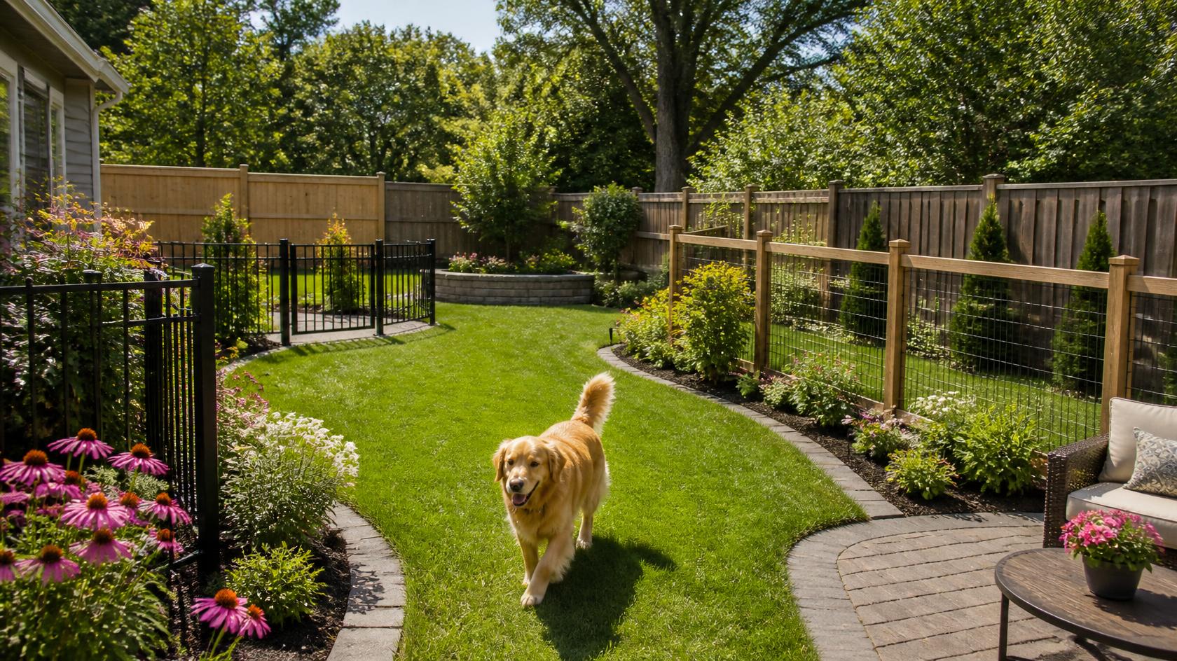 Secure backyard fence in Genoa, IL with sturdy panels and minimal ground gaps, providing a practical outdoor space for dogs to play safely.