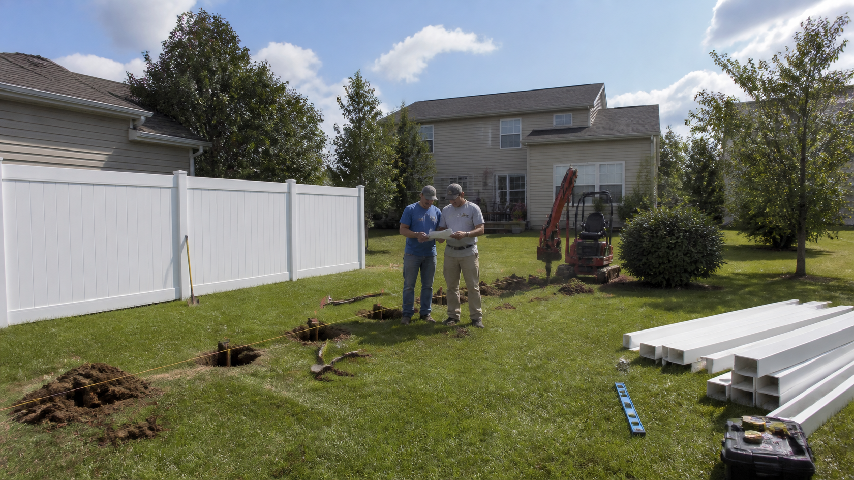 Fence contractor discussing vinyl fence styles, panel layout, post placement, and installation details with a homeowner in Marengo, IL.
