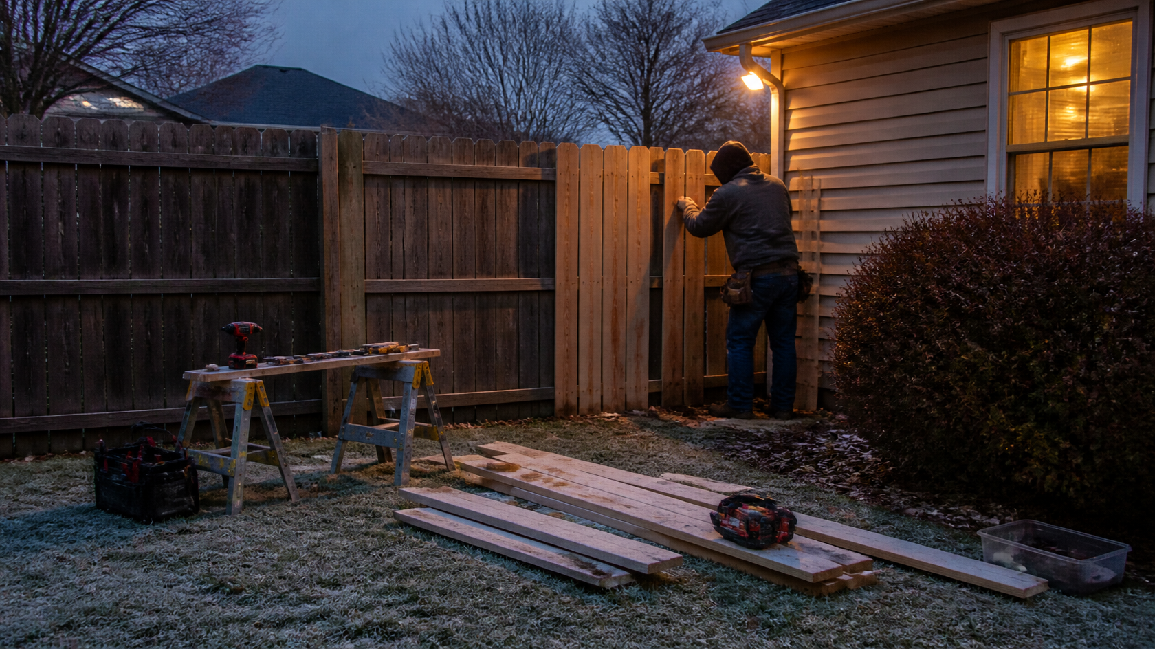 Fence contractor repairing loose boards and stabilizing leaning posts at a home in Marengo, IL before freezing temperatures arrive.