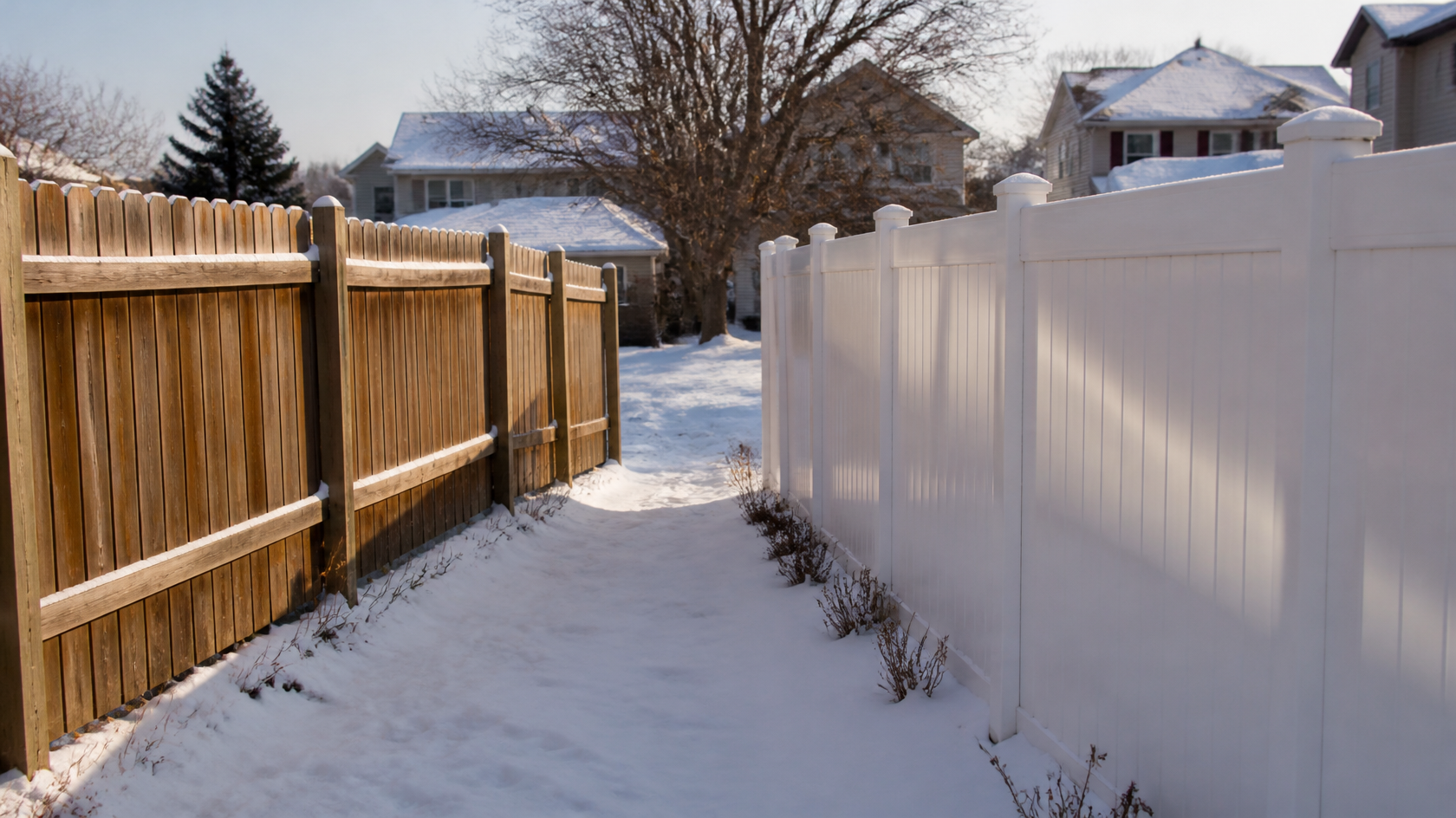 Wooden and vinyl privacy fence styles shown at residential properties in Marengo, IL, illustrating differences in appearance, privacy, and seasonal maintenance needs.