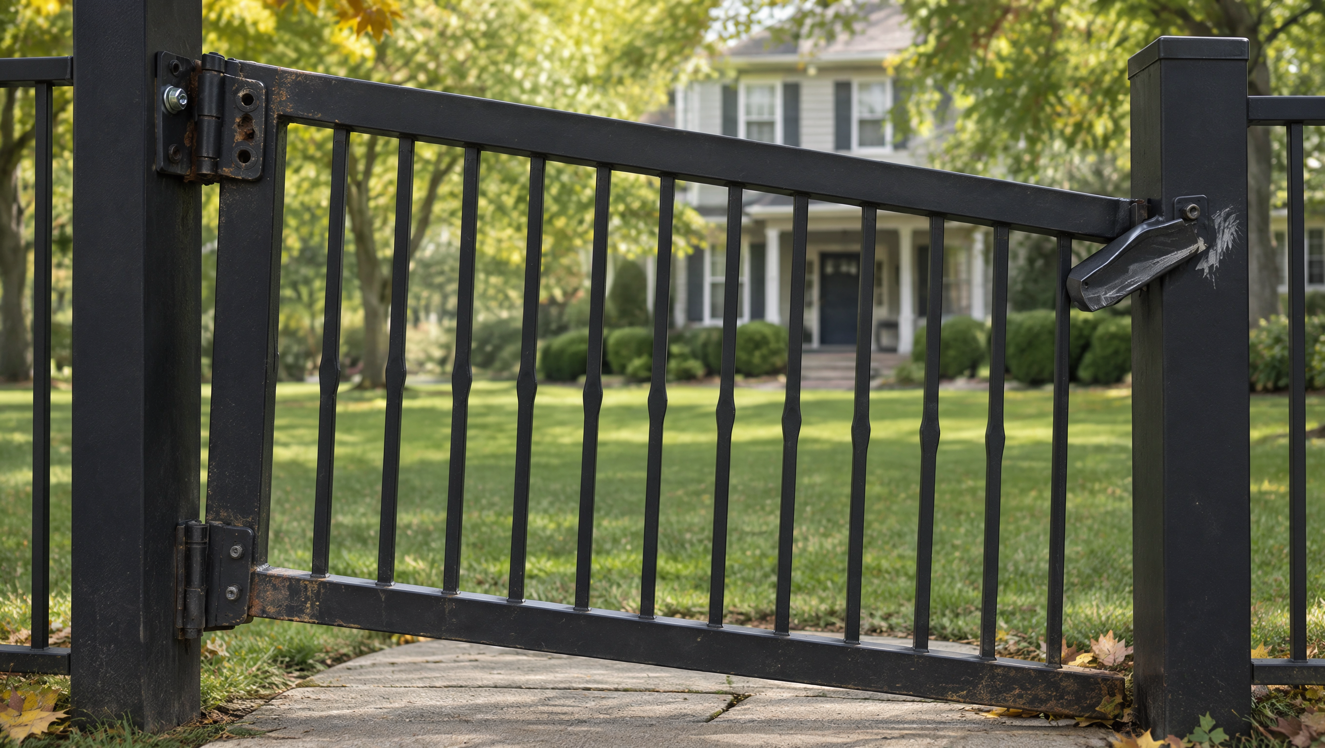 Fence contractor inspecting a residential gate in Poplar Grove, IL, checking misaligned hinges, loose hardware, and latch problems before further damage develops.