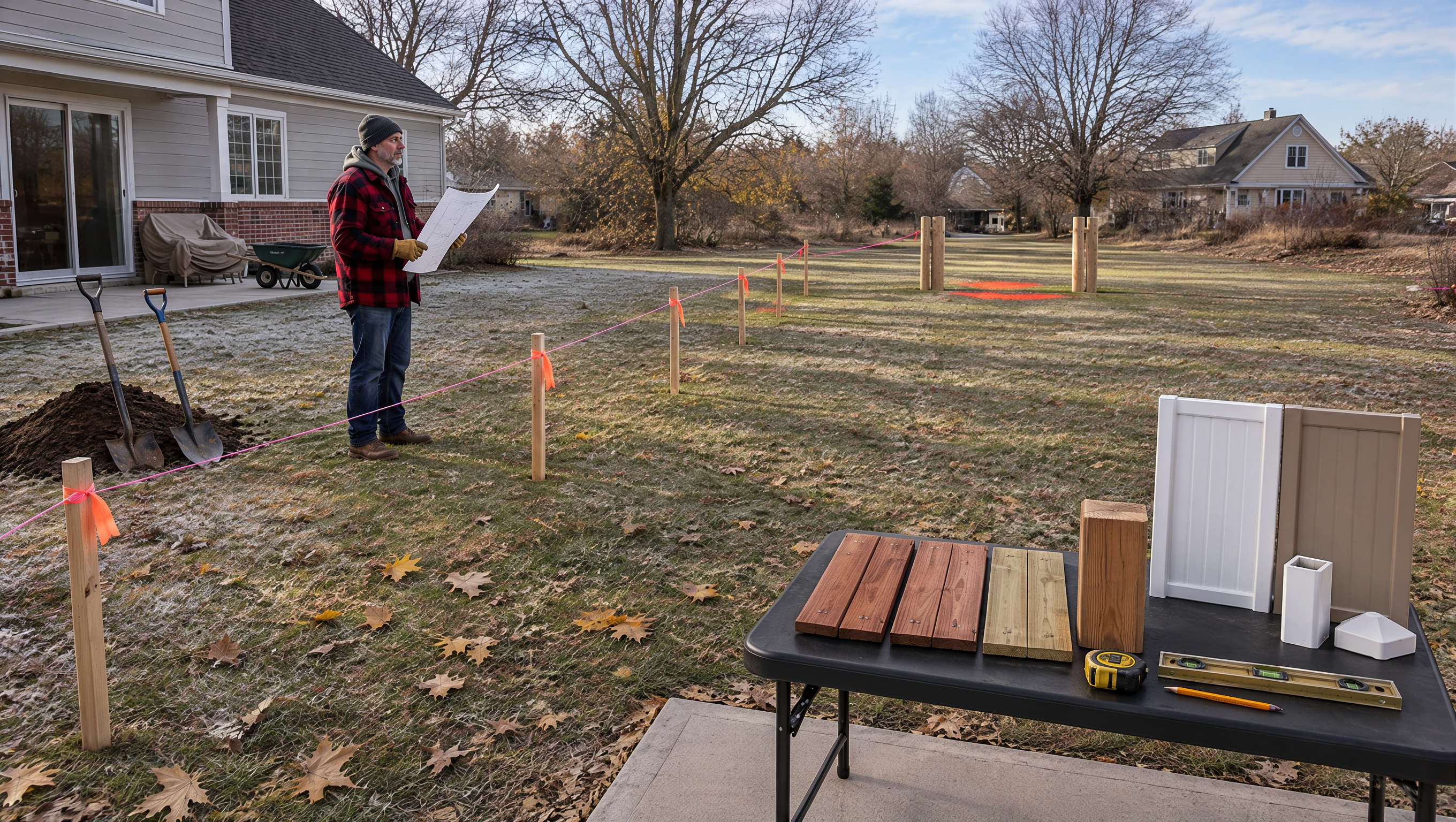 Homeowner and fence contractor planning a residential fence in Poplar Grove, IL, discussing yard layout, gate placement, and suitable fencing materials before winter.