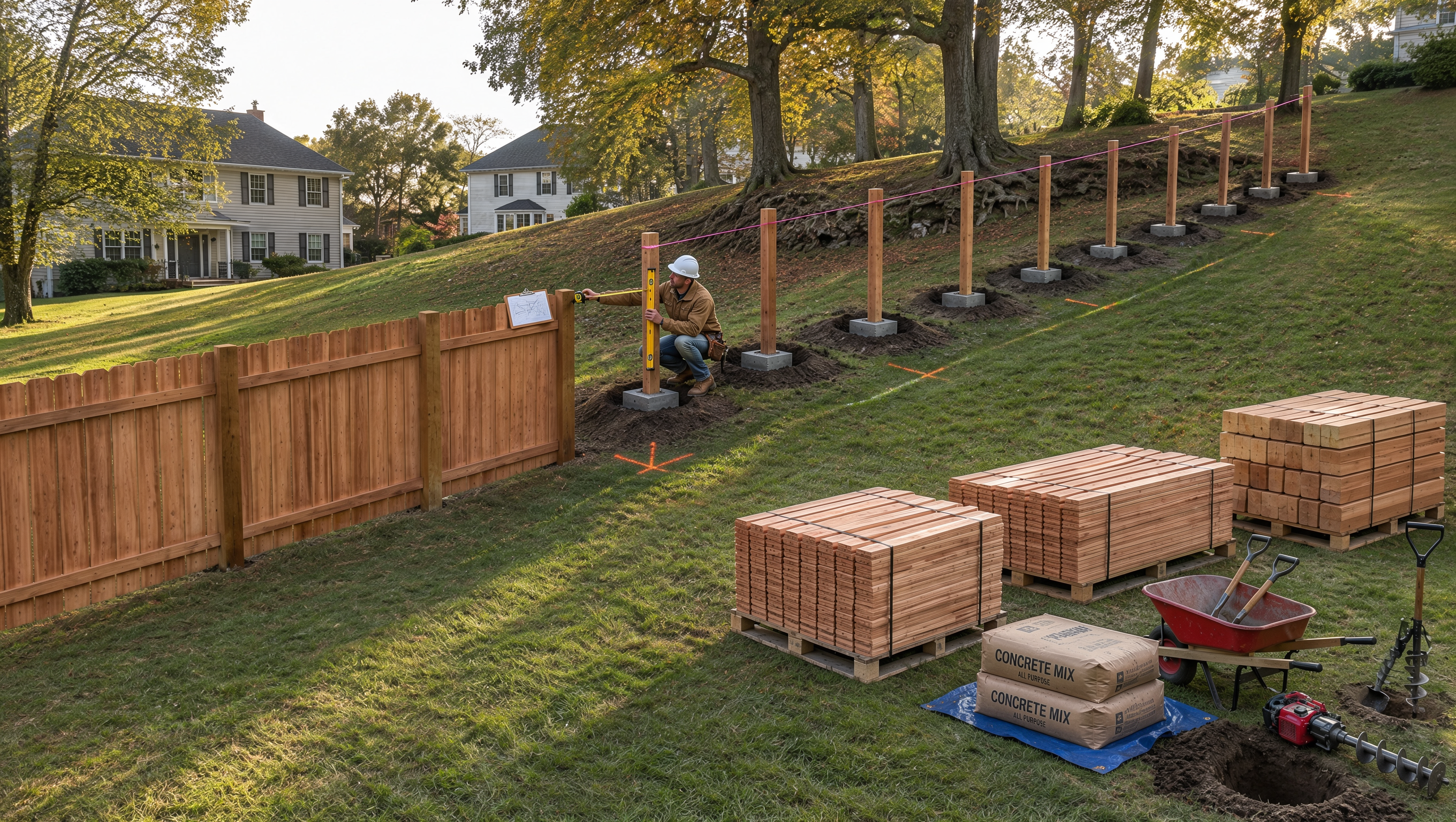 Homeowner in Poplar Grove, IL reviewing privacy fence styles, material options, and installation details with a contractor while comparing project costs.