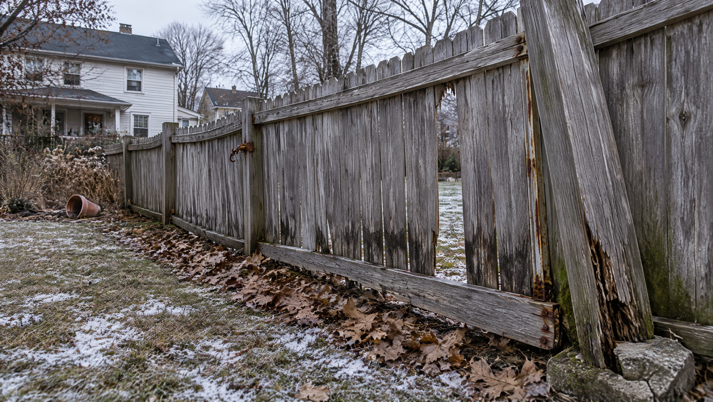 Fence contractor inspecting an aging residential fence in Freeport, IL, checking leaning posts, rotting wood, loose panels, and weather damage before winter.