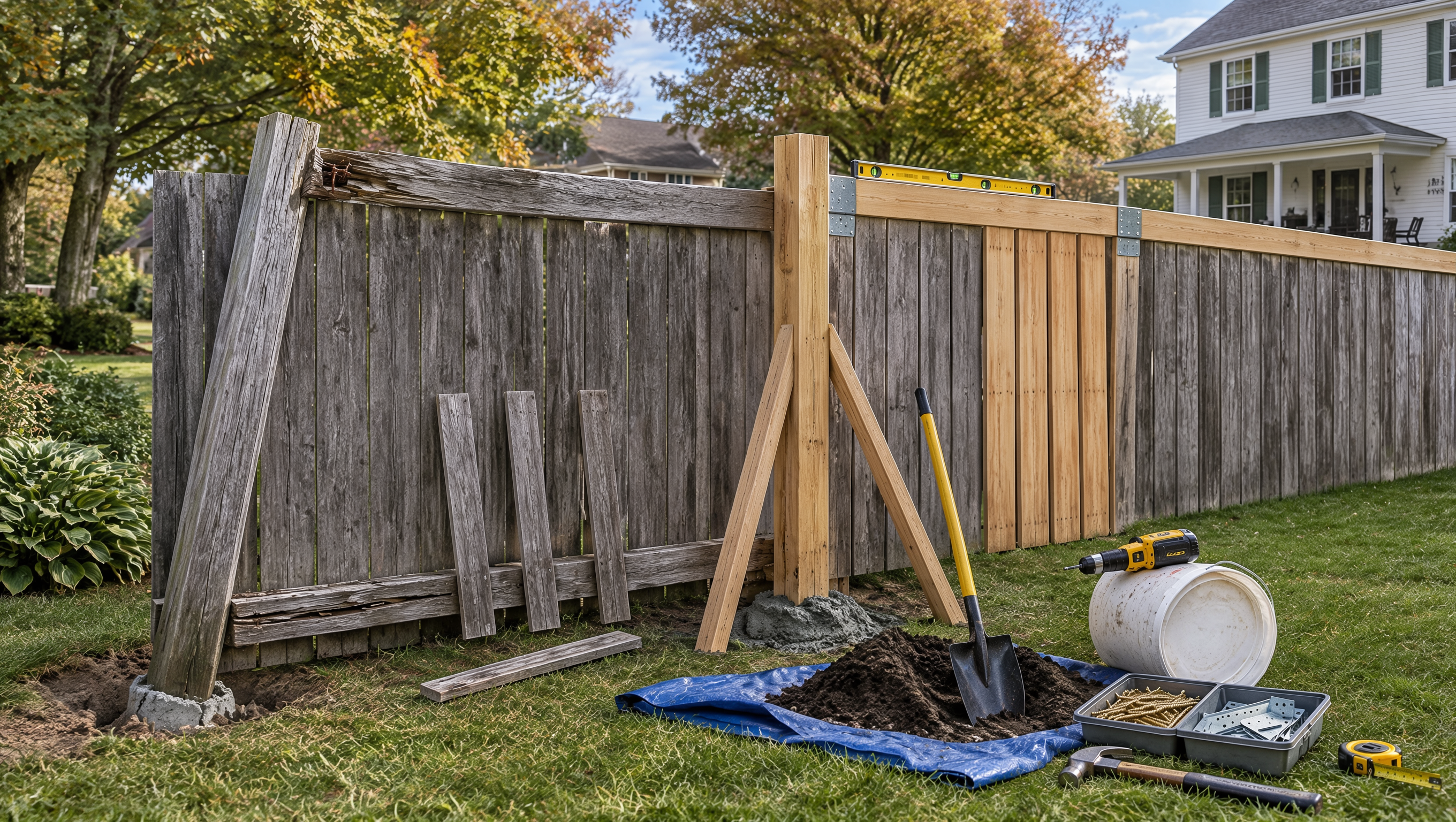 Fence professional repairing a wooden fence in Freeport, IL, securing loose boards, reinforcing posts, and fixing damaged rails to restore stability.