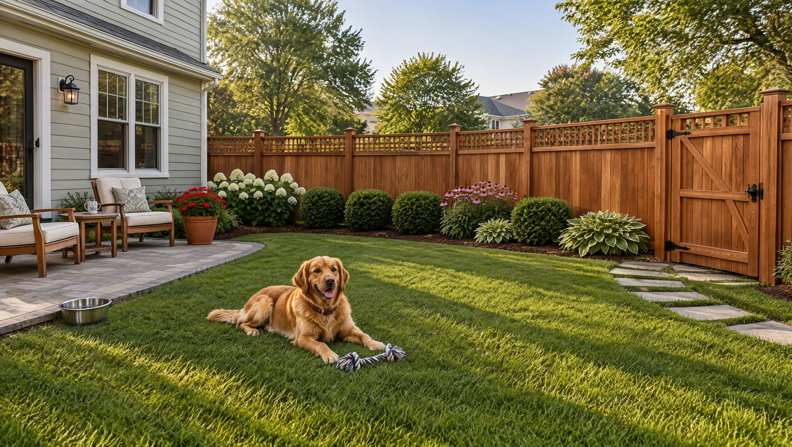 Residential backyard in Freeport, IL, with a well-maintained fence designed to provide privacy, a secure area for pets, and attractive curb appeal.